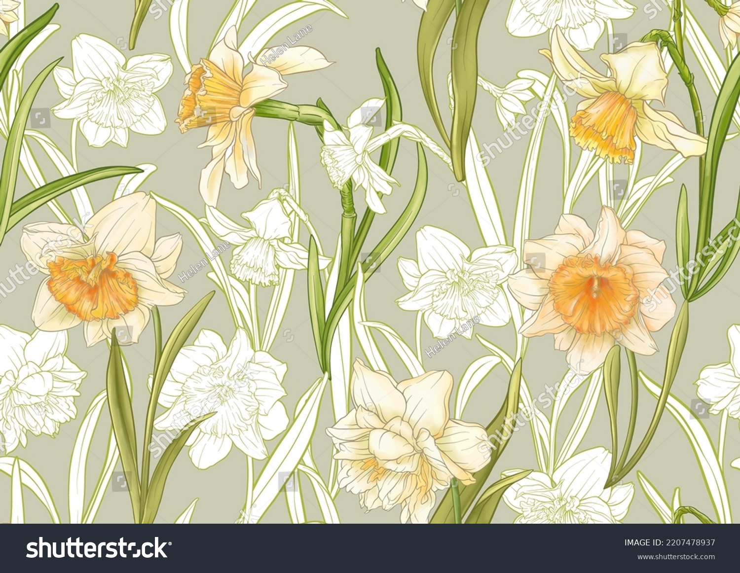 SVG of White daffodils and tulips flowers, the early spring flowers. Seamless pattern, background. Vector illustration. In botanical style svg