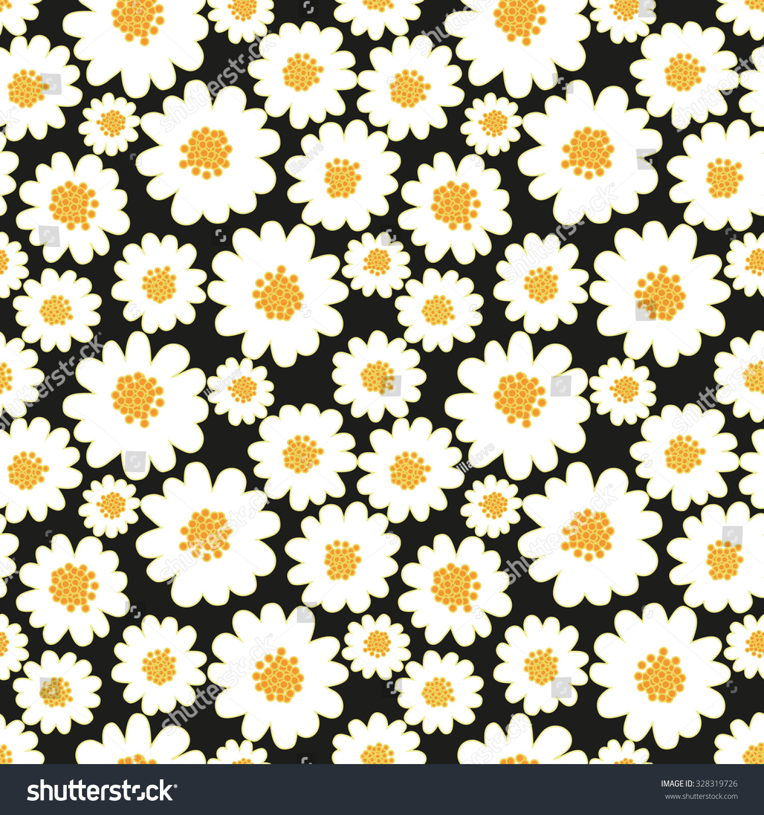 White Daisies Seamless Pattern On A Black Background.Daisy Field Stock ...