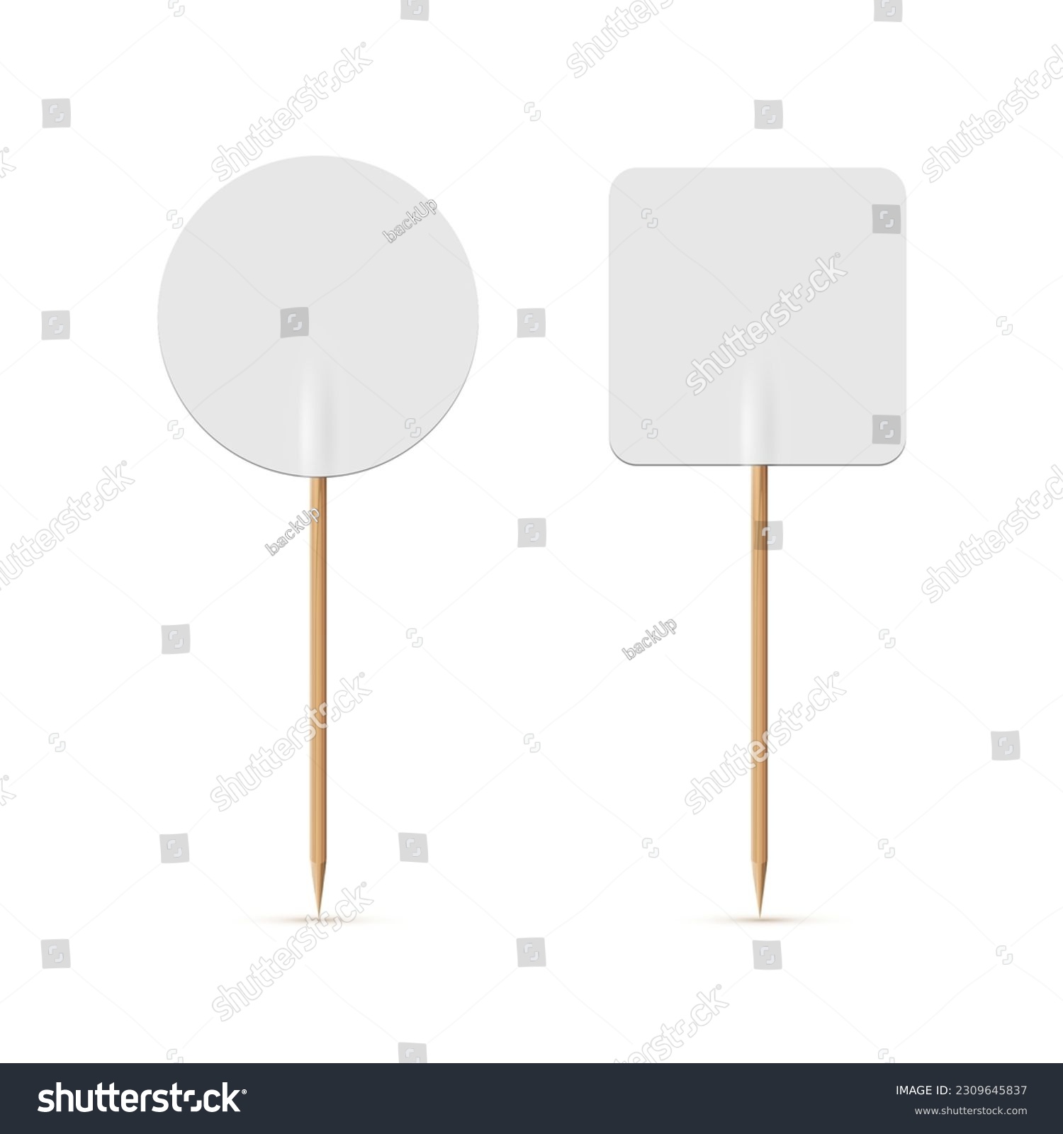SVG of White flags on wooden toothpick. Round and square paper topper for cake or other food isolated on white background. Blank mockup for advertising and promotions, location mark, map pointer. svg