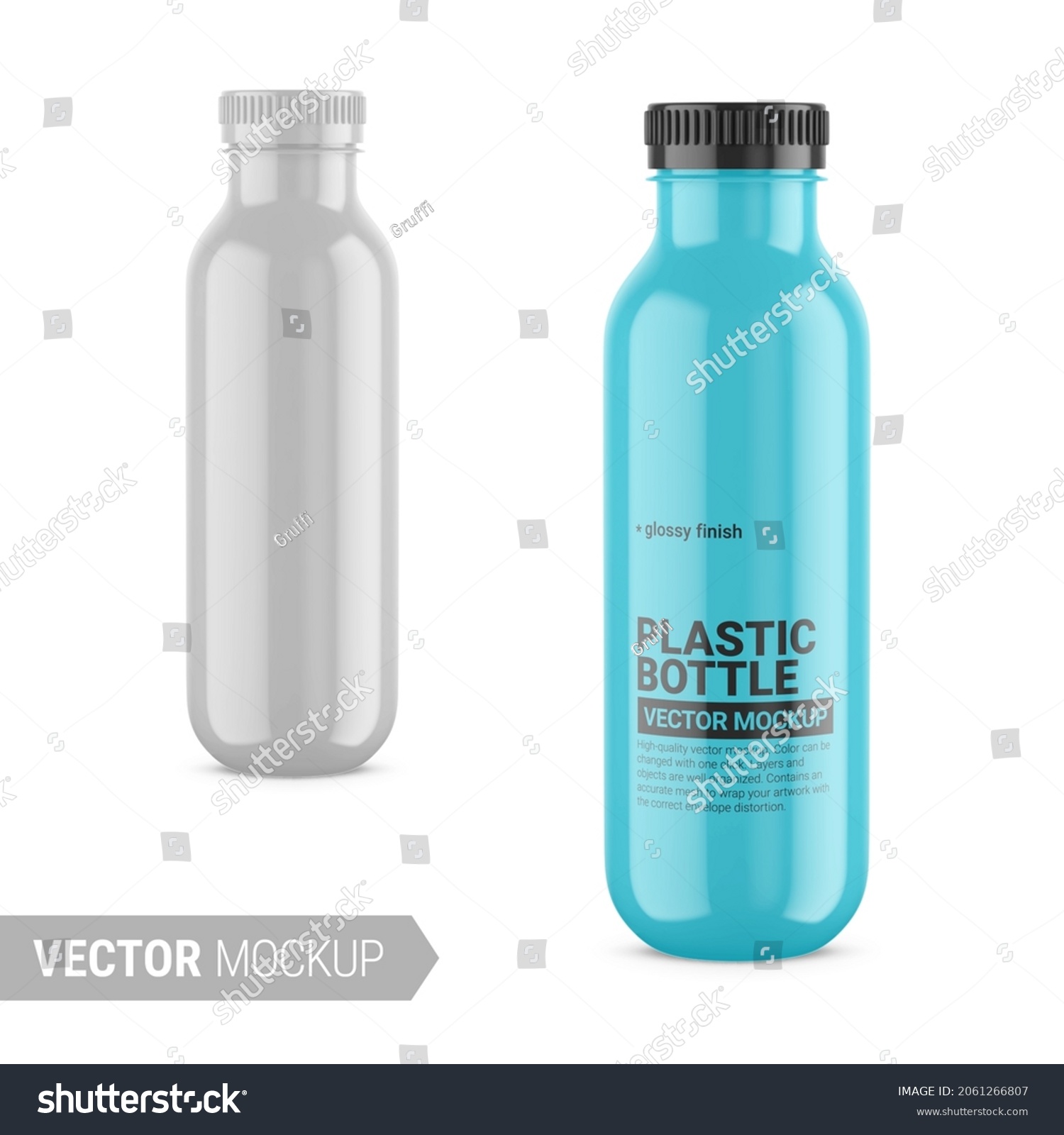 SVG of White glossy plastic bottle. Photorealistic packaging mockup template. Vector 3d illustration with sample design. Contains an accurate mesh to wrap your artwork with the correct envelope distortion svg