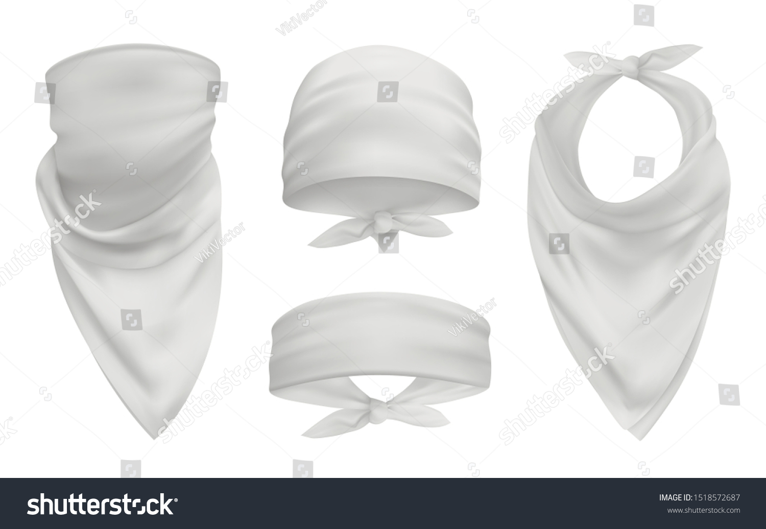 SVG of White head bandana realistic 3d accessory illustrations set. Biker and cowboy clothes for protecting face isolated pack. Fashionable silk headband, bandanna design elements collection svg