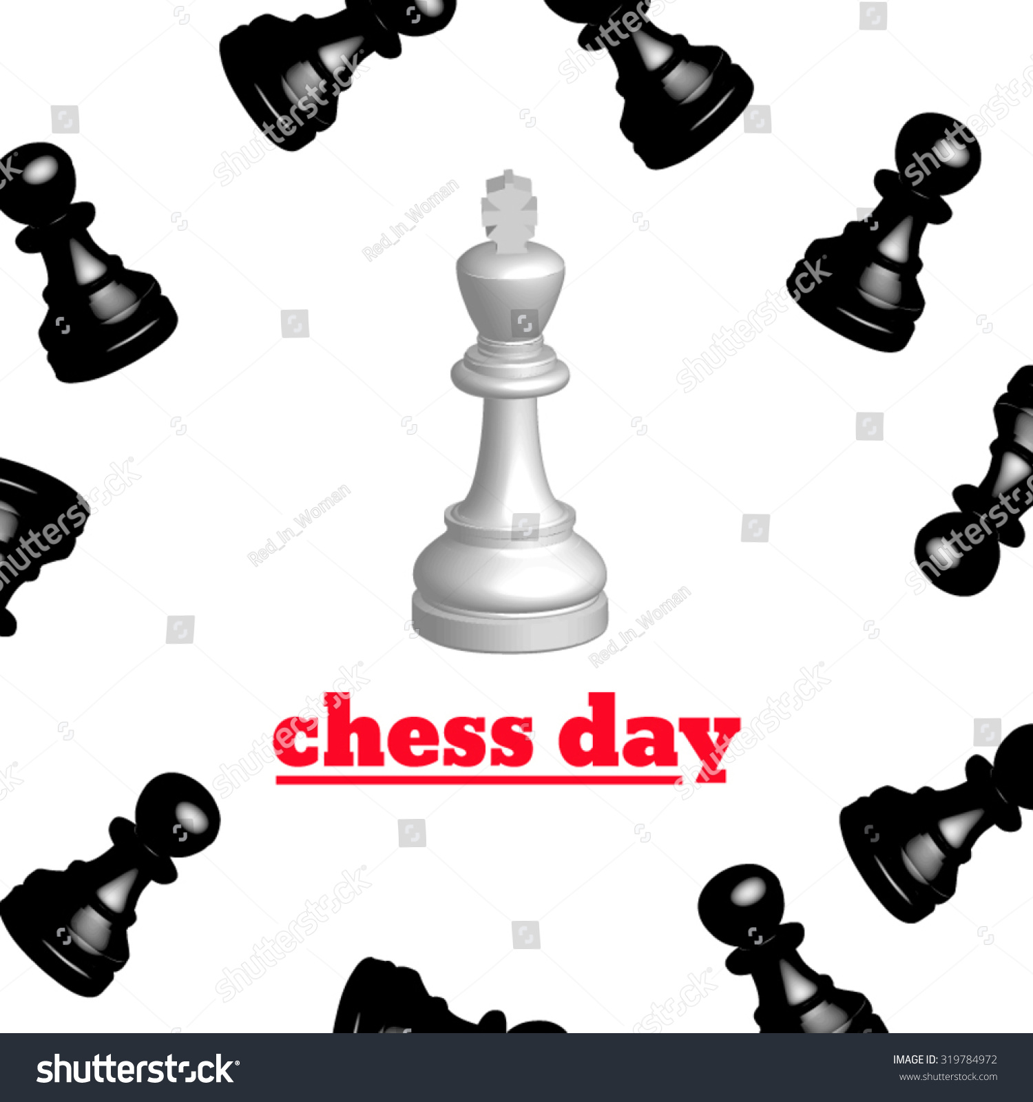 SVG of White king, surrounded by black pawns beyond the writing on the invitation to chess party. All isolated. svg