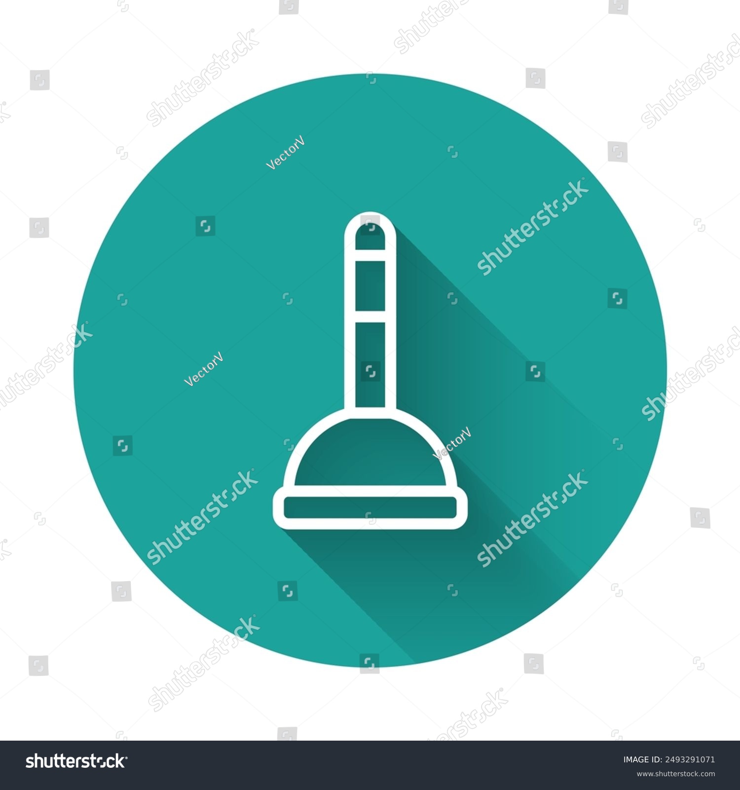 recommend clip art: White line Rubber plunger with wooden handle for pipe cleaning icon isolated with long shadow background. Toilet plunger. Green circle button. Vector