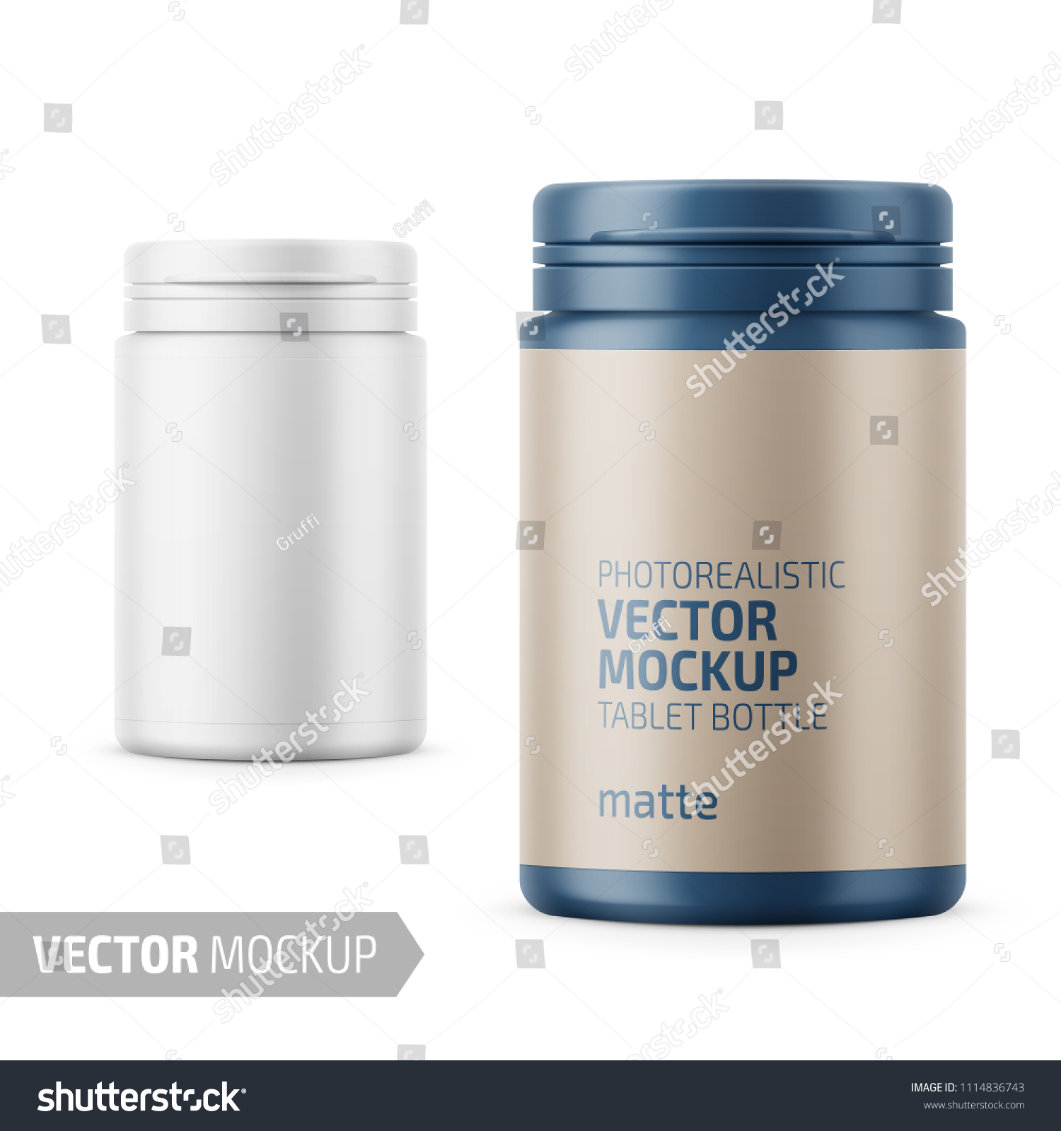 SVG of White matte plastic bottle with snap hinge push on cap for medicine, tablets, pills. Photo-realistic packaging mockup template with sample design. Front view. Vector 3d illustration. svg