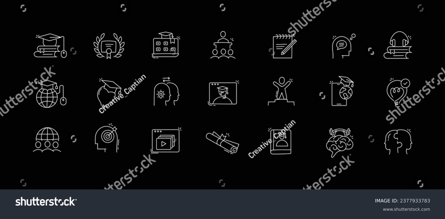SVG of White Online Learning Icons for Dark Backgrounds. The icons are simple yet effective and can be used in a variety of contexts such as e-learning platforms, and education technology products. svg