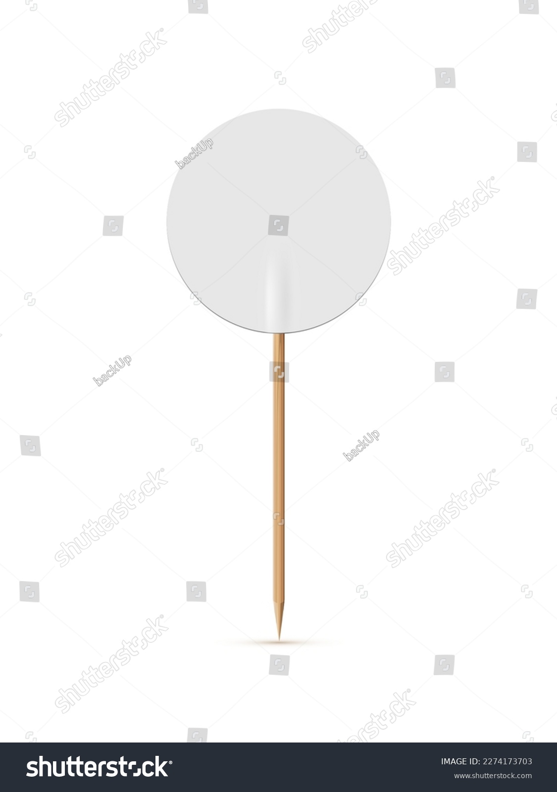 SVG of White round flag on wooden toothpick. Round paper topper for cake or other food isolated on white background. Blank mockup for advertising and promotions, location mark, map pointer. svg