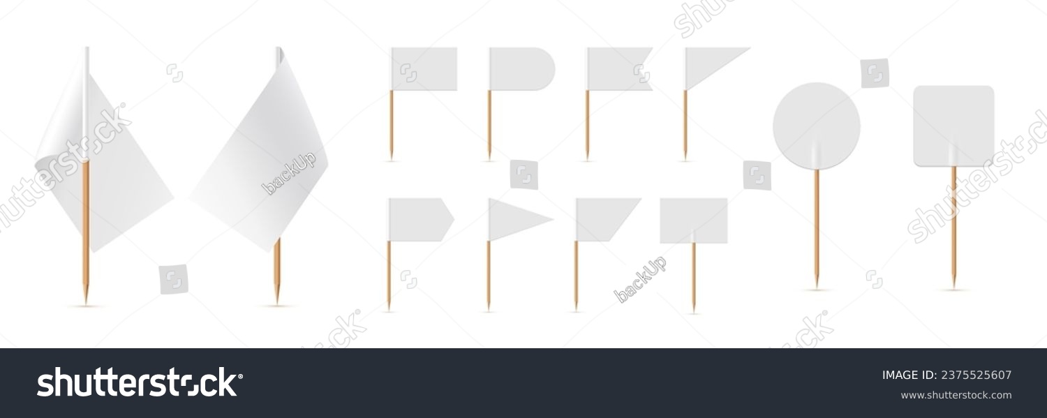 SVG of White small flags on toothpicks set vector illustration. 3D realistic blank flags of different shapes on wooden sticks, empty round triangular rectangle mini decorative pennants for food collection. svg