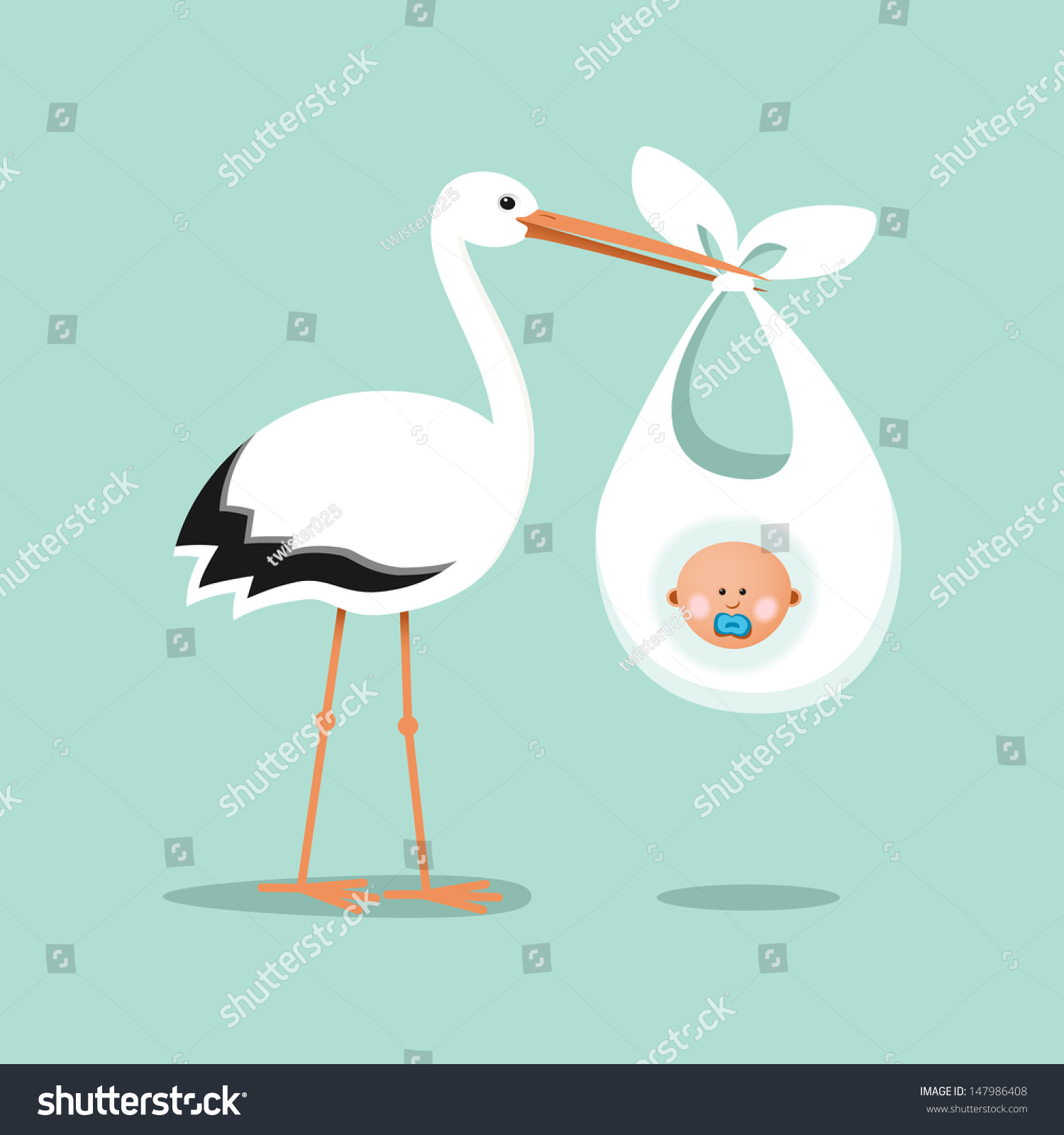 White Stork Carrying A Cute Baby. Delivery Of A Newborn Baby Stock ...