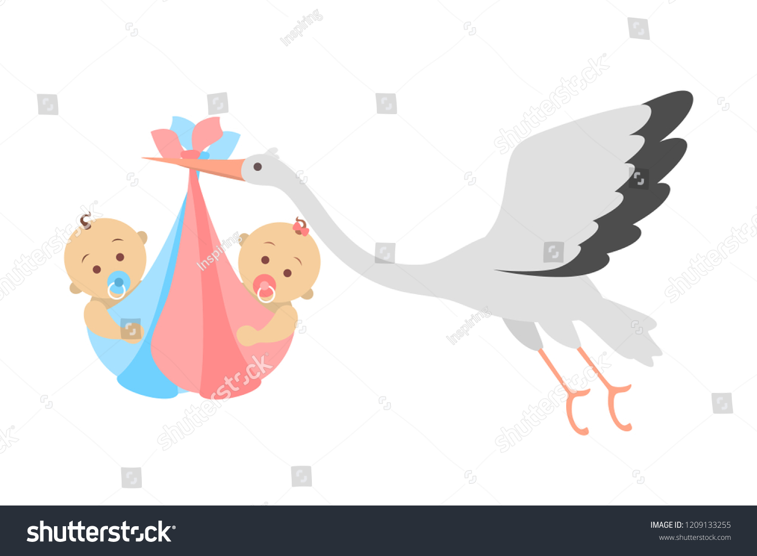 生まれたての双子の女の子と少年と共に飛ぶ白いコウノトリ 出産のお知らせ 赤ちゃん誕生祝いのグリーティングカード 分離型フラットベクターイラスト のベクター画像素材 ロイヤリティフリー
