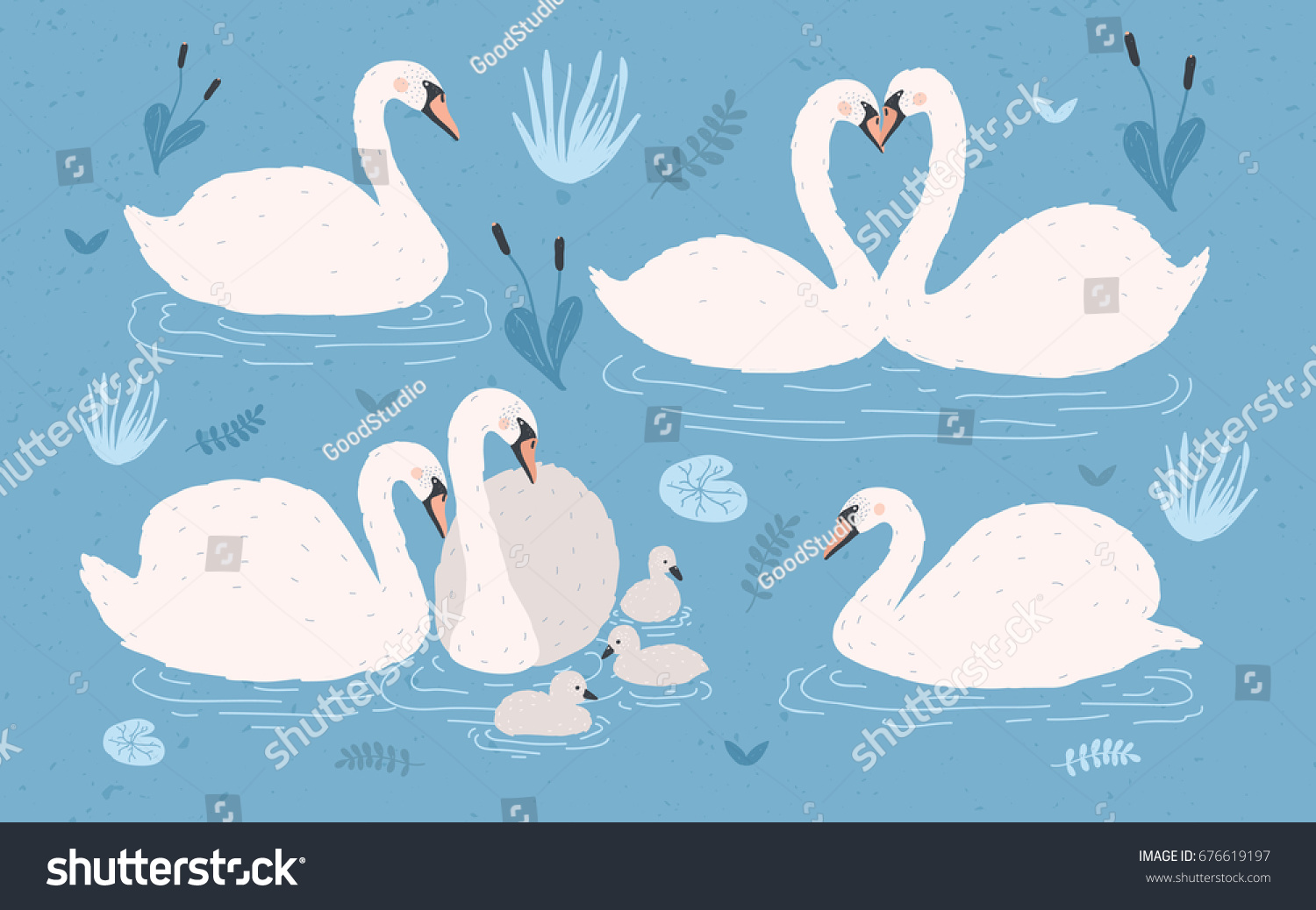 White Swan Collection On Blue Background Stock Vector (Royalty Free ...