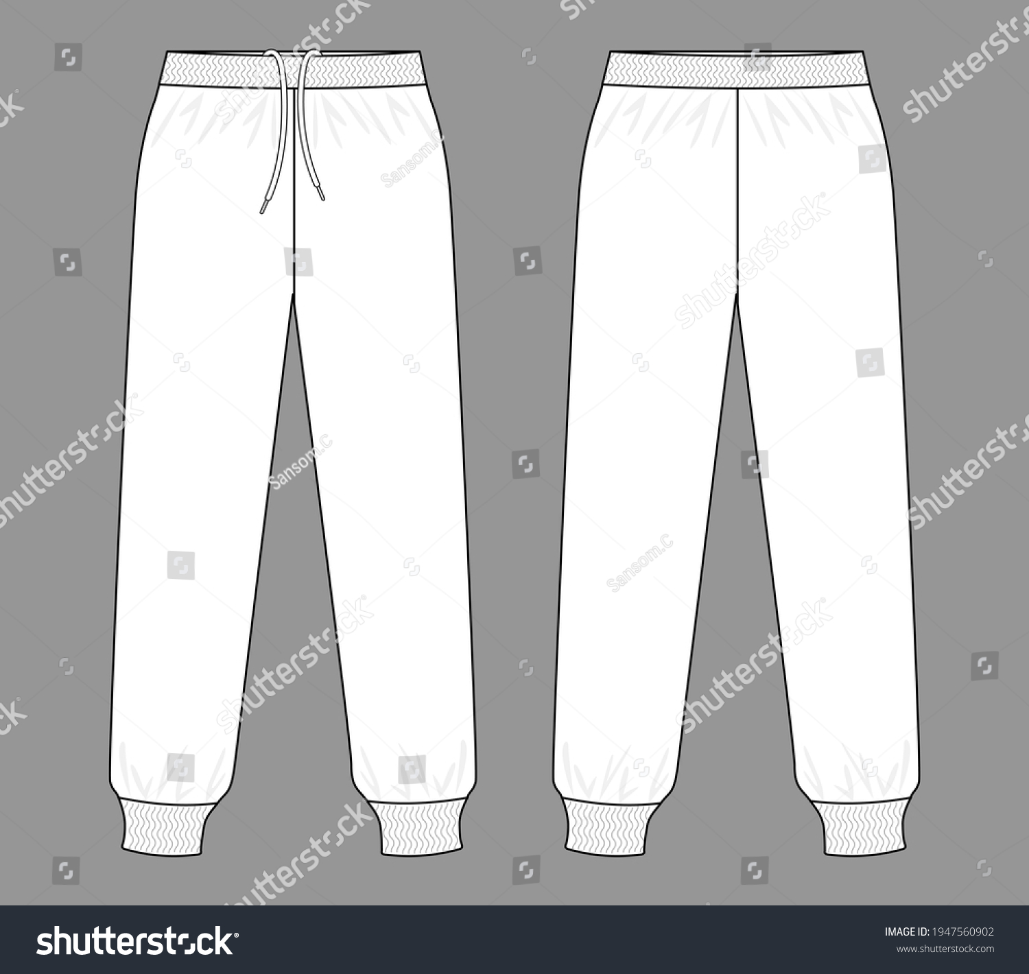 SVG of White Tracksuit Pants Template on Gray Background. Front and Back Views, Vector File. svg