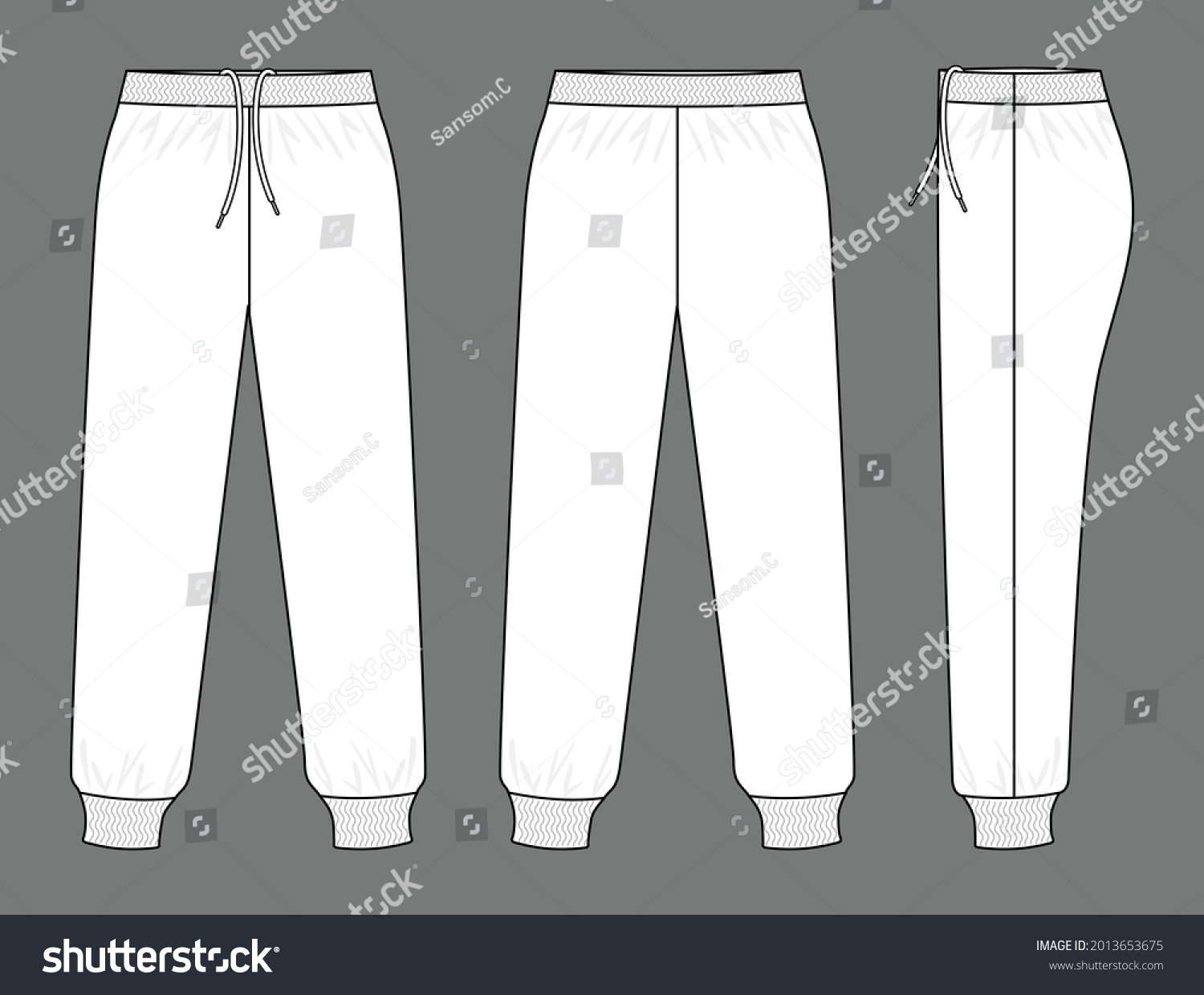 SVG of White Tracksuit Pants Template Vector On Gray Background.Front, Back and Side View. svg