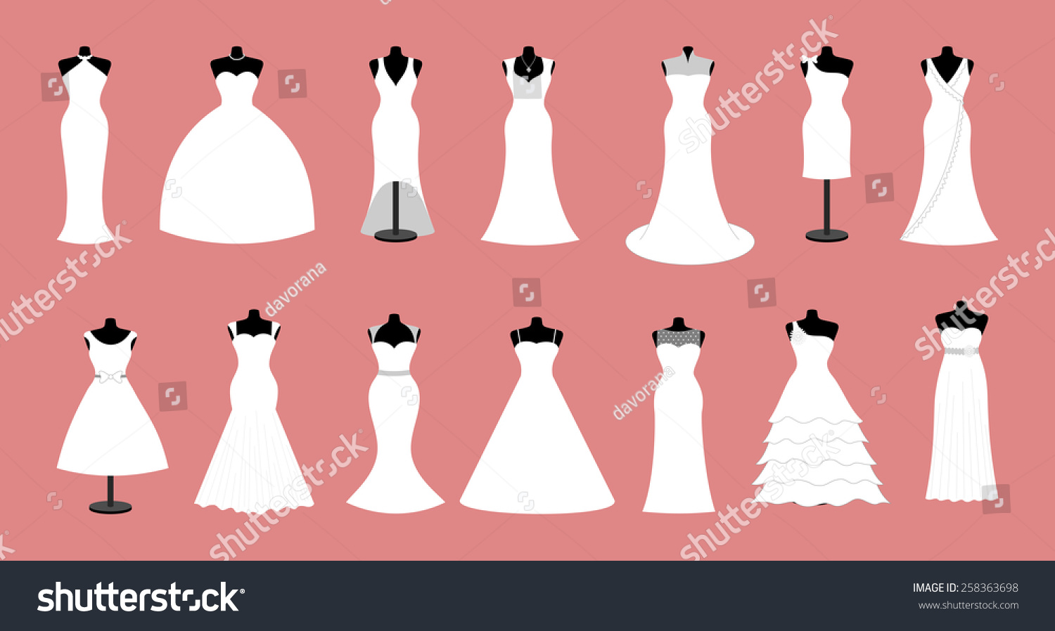 SVG of White wedding dresses icon collection. Set of 14 mannequin wear different design of modern style dress with jewelry, diamond and pearl necklace Vector art image illustration isolated on red background svg