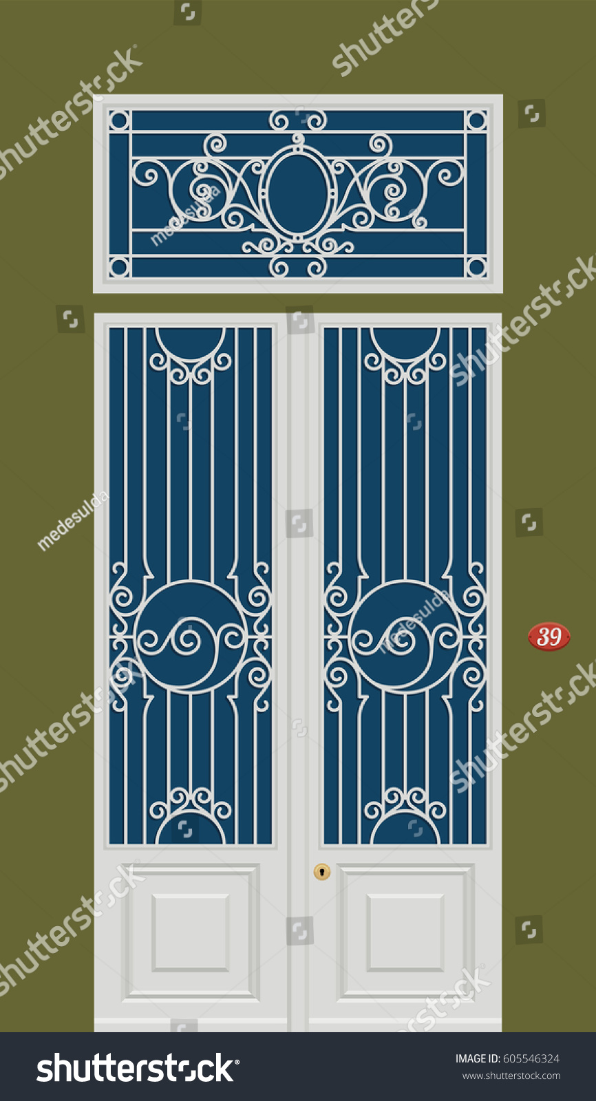 White Wrought Iron Door Door Number Stock Vektorgrafik