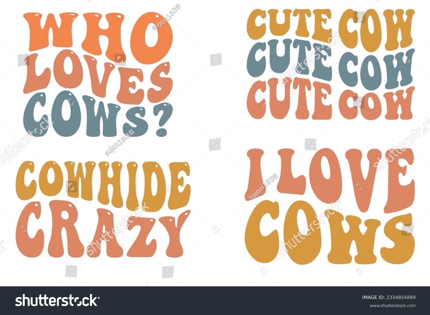 SVG of Who Loves Cows, Cowhide Crazy, Cute Cow, I Love Cows retro wavy SVG bundle T-shirt designs svg