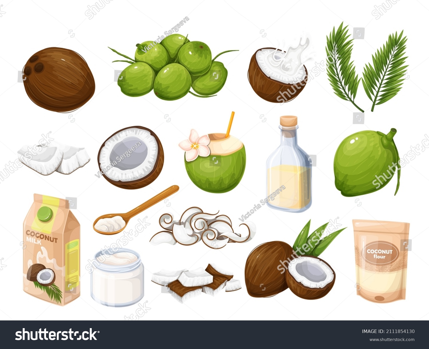 SVG of Whole coconut, half with milk splash and pieces fruit, green palm leaf, coconut oil in glass bottle. Copra. Oil on wooden spoon, pile of young green coconuts and ets. Vector illustration. svg