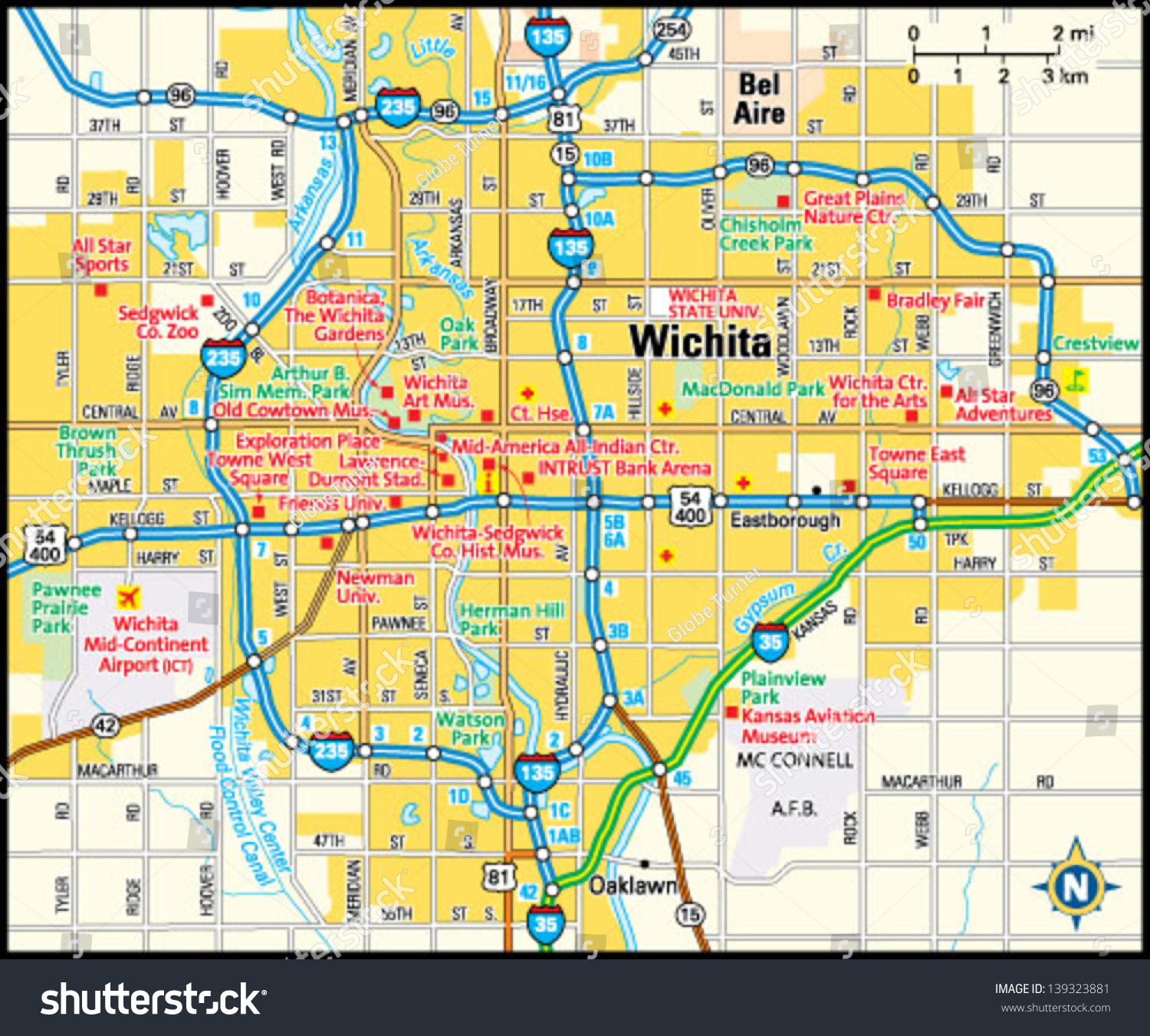 Street Map Of Wichita Ks Wichita Kansas Area Map Stock Vector (Royalty Free) 139323881 | Shutterstock