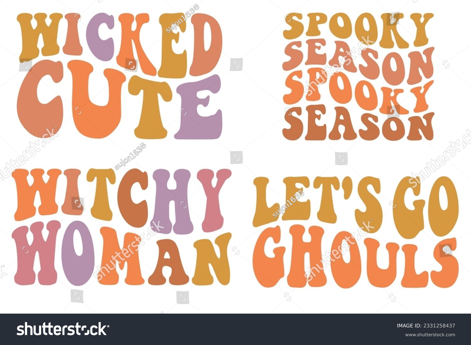 SVG of Wicked Cute, Spooky Season, Witch Woman, Let's Go Ghouls Halloween Retro wavy SVG bundle T-shirt designs svg