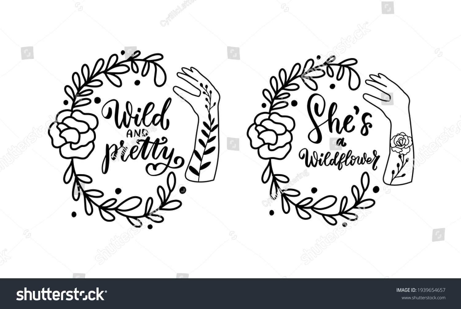 SVG of Wild and pretty quote. She is a wildflower. Mehndi woman hands withhand lettering boho celestial quote. Wild flowers wreathe. Gypsy rustic bohemian vector illustration for shirt design. Boho clipart. svg