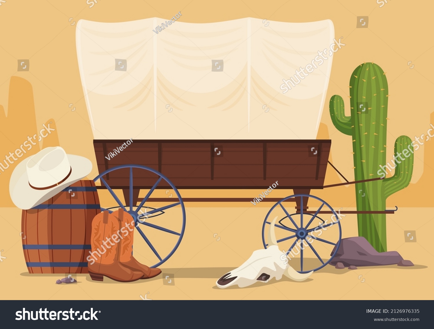 SVG of Wild West covered wooden wagon vector flat illustration. Traditional Western transportation with cowboy hat, boots, cactus, barrel and cow skull at desert. Retro passenger or freight moving carriage svg