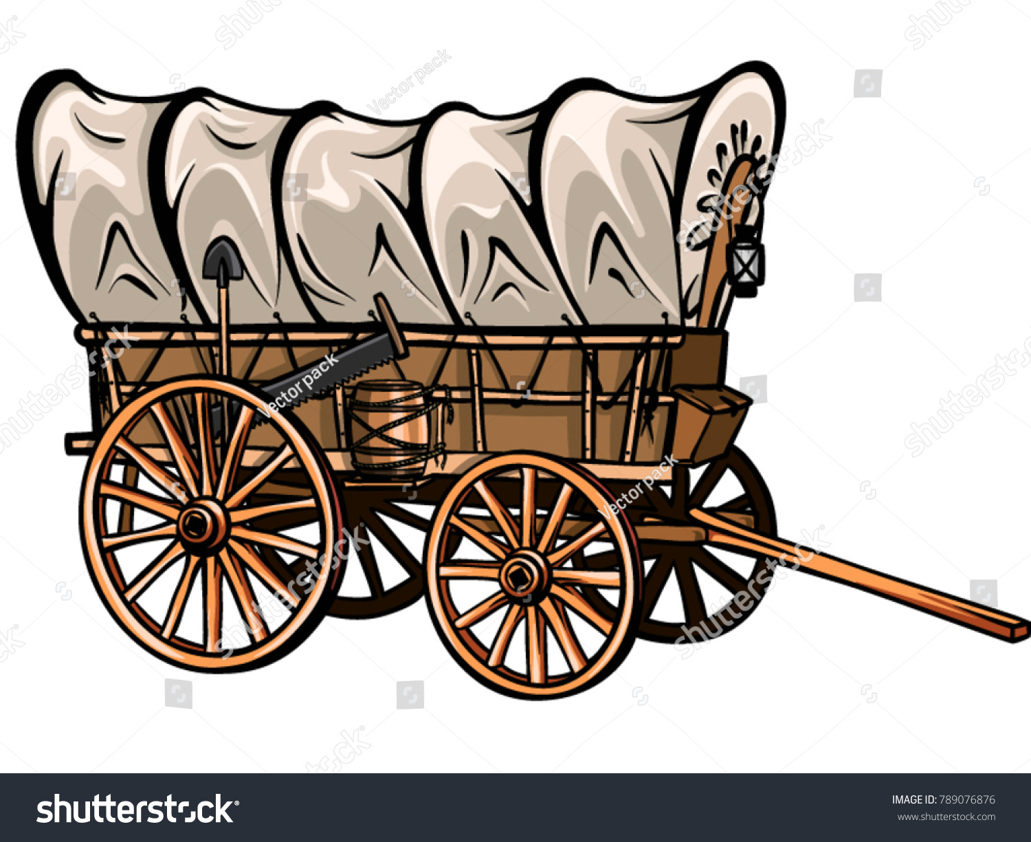SVG of Wild west style wood covered wagon with barrel, shovel, saw and lantern. Hand-drawn western vector. svg