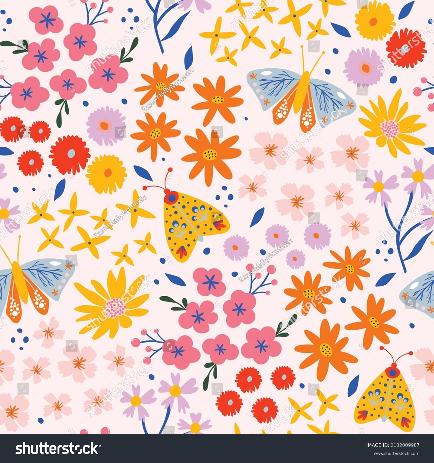 Wildflower Colorful Floral Pattern Butterfly Illustration Stock Vector ...