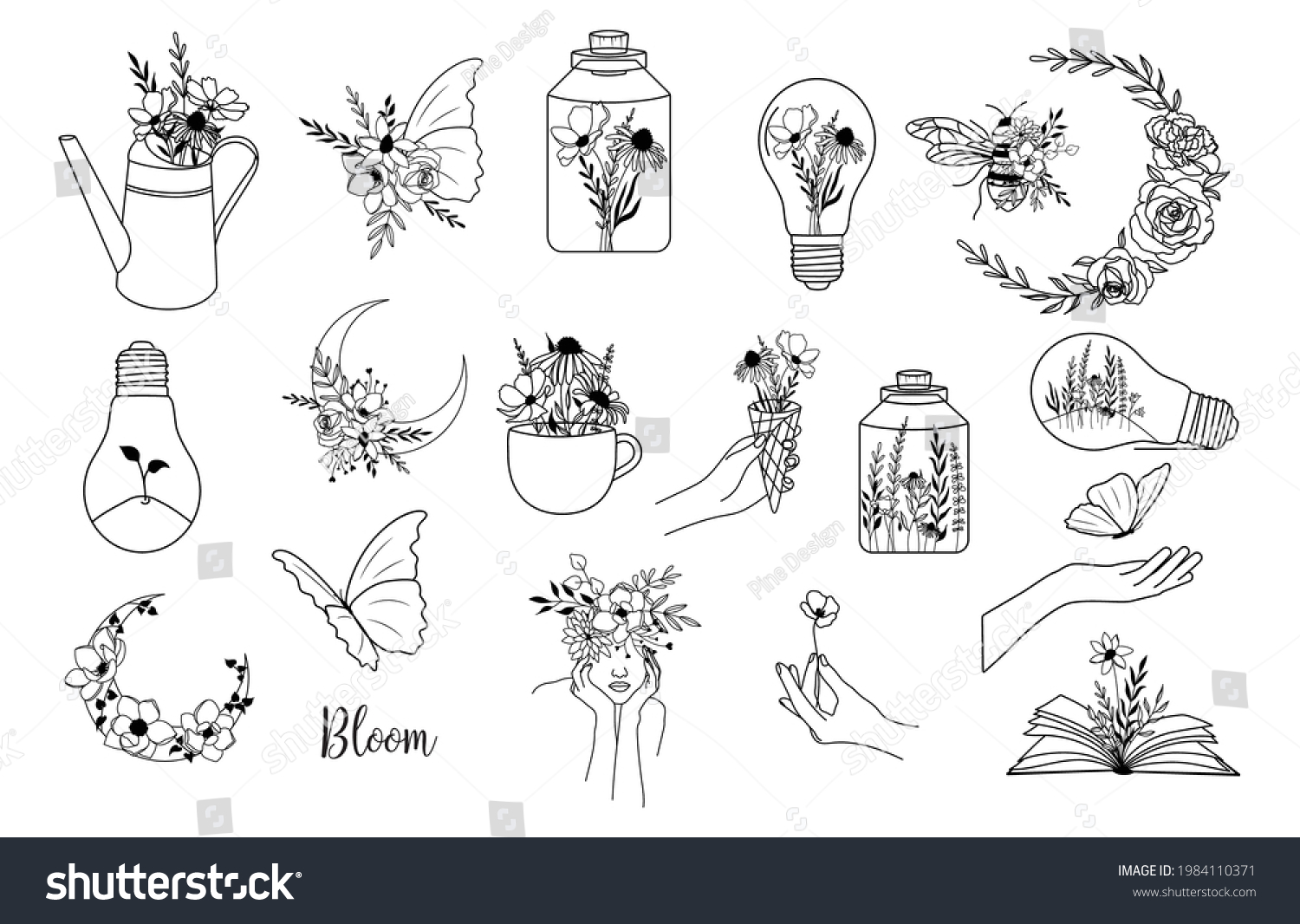 SVG of Wildflower vector illustration set. Floral designs bundle, flower moon, bee, butterfly, woman, hands, light bulb, cup, book svg