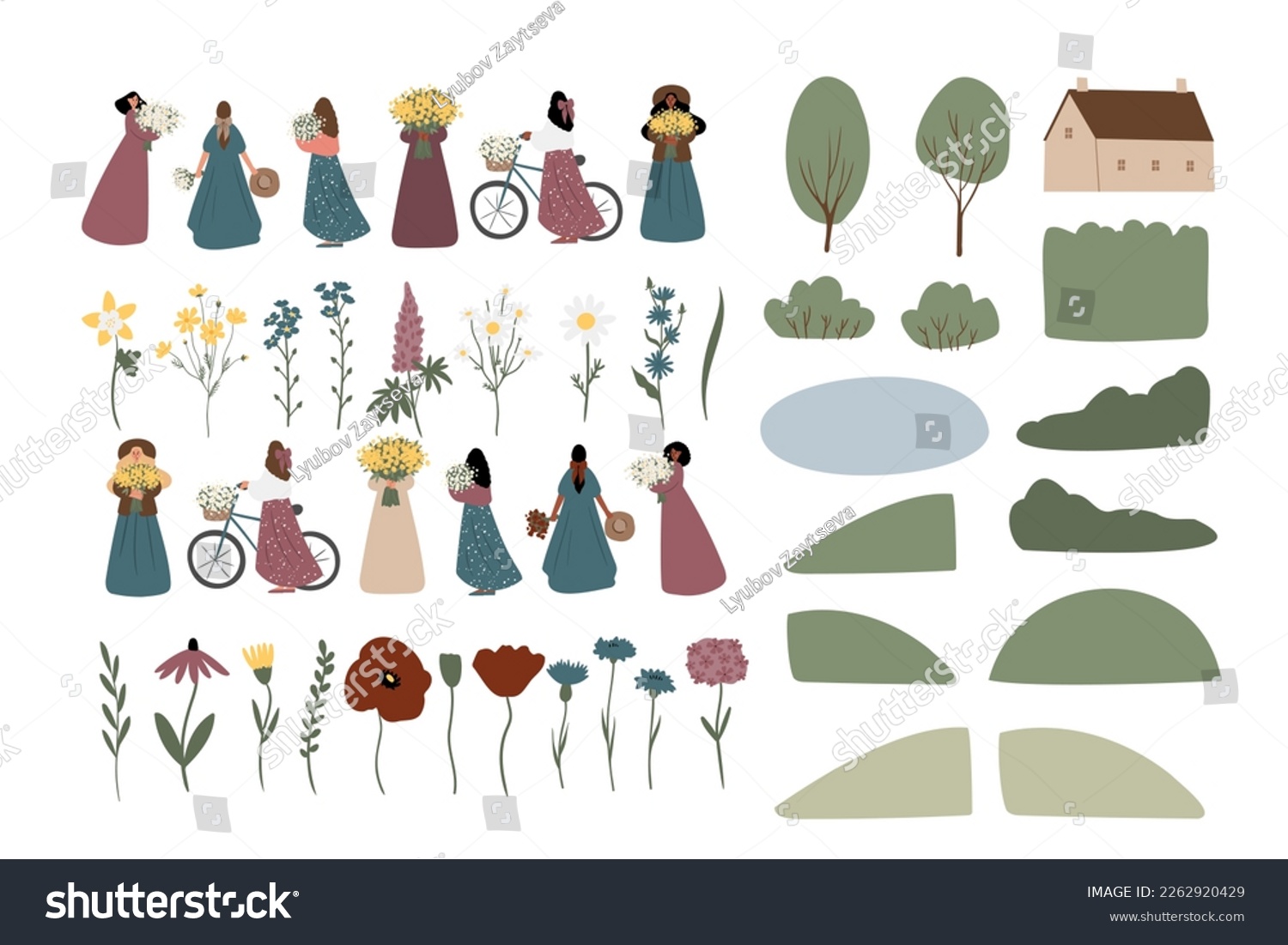 SVG of wildflower woman illustration clipart, vector cottagecore landscape clip art, png ai svg girl images in flat cartoon style, daisy, columbine, cosmos, forget me not, lupine, phlox svg