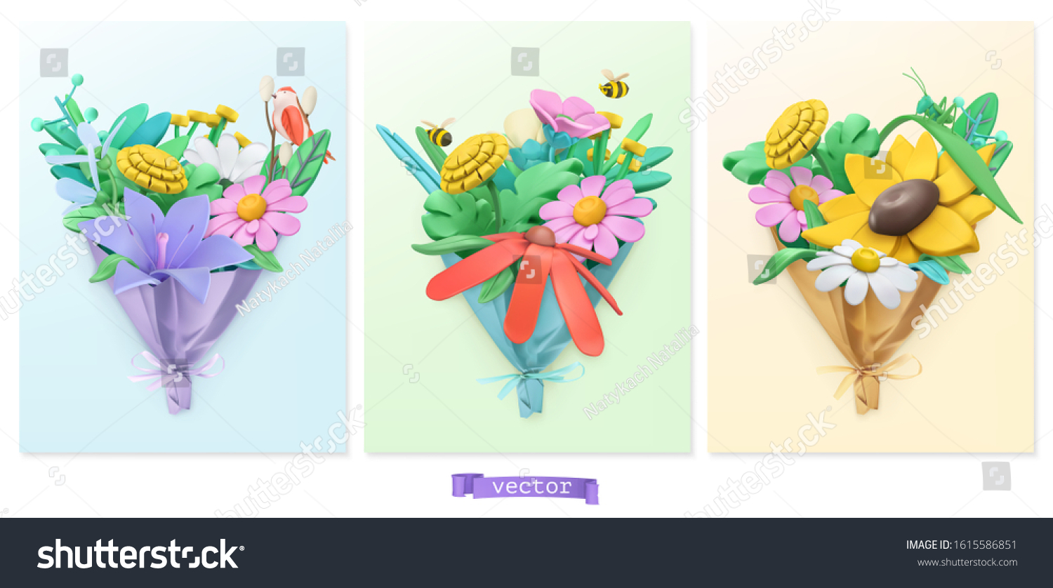 SVG of Wildflowers bouquet. Spring and summer plasticine art illustration. 3d vector objects. Nature icon set svg