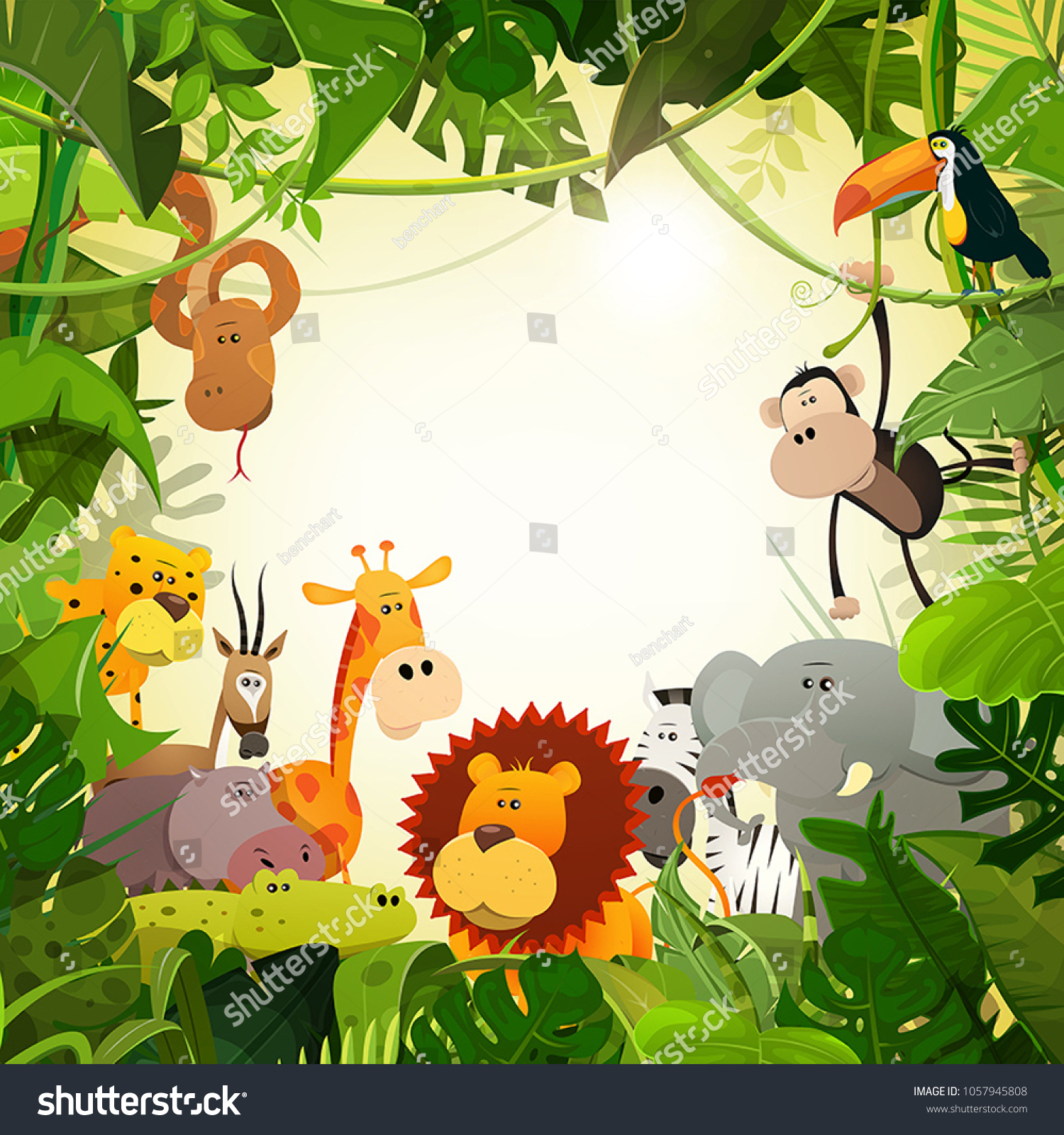 野生動物のジャングルの背景 ジャングルの背景にライオン ゴリラ 象 キリン ガゼル 猿 ゼブラなど アフリカのサバンナ産の可愛い漫画の野生動物の イラスト のベクター画像素材 ロイヤリティフリー