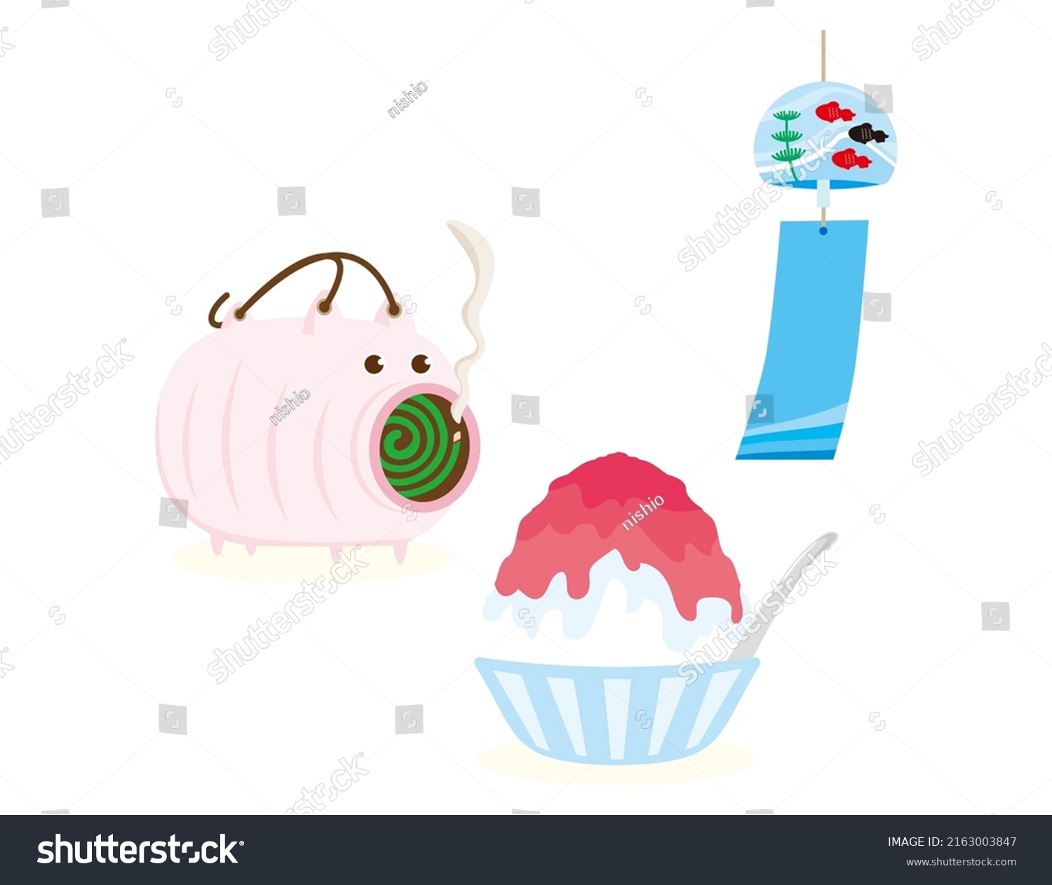 SVG of Wind chime and pig-shaped mosquito coil holder made of ceramic . Shaved ice. svg