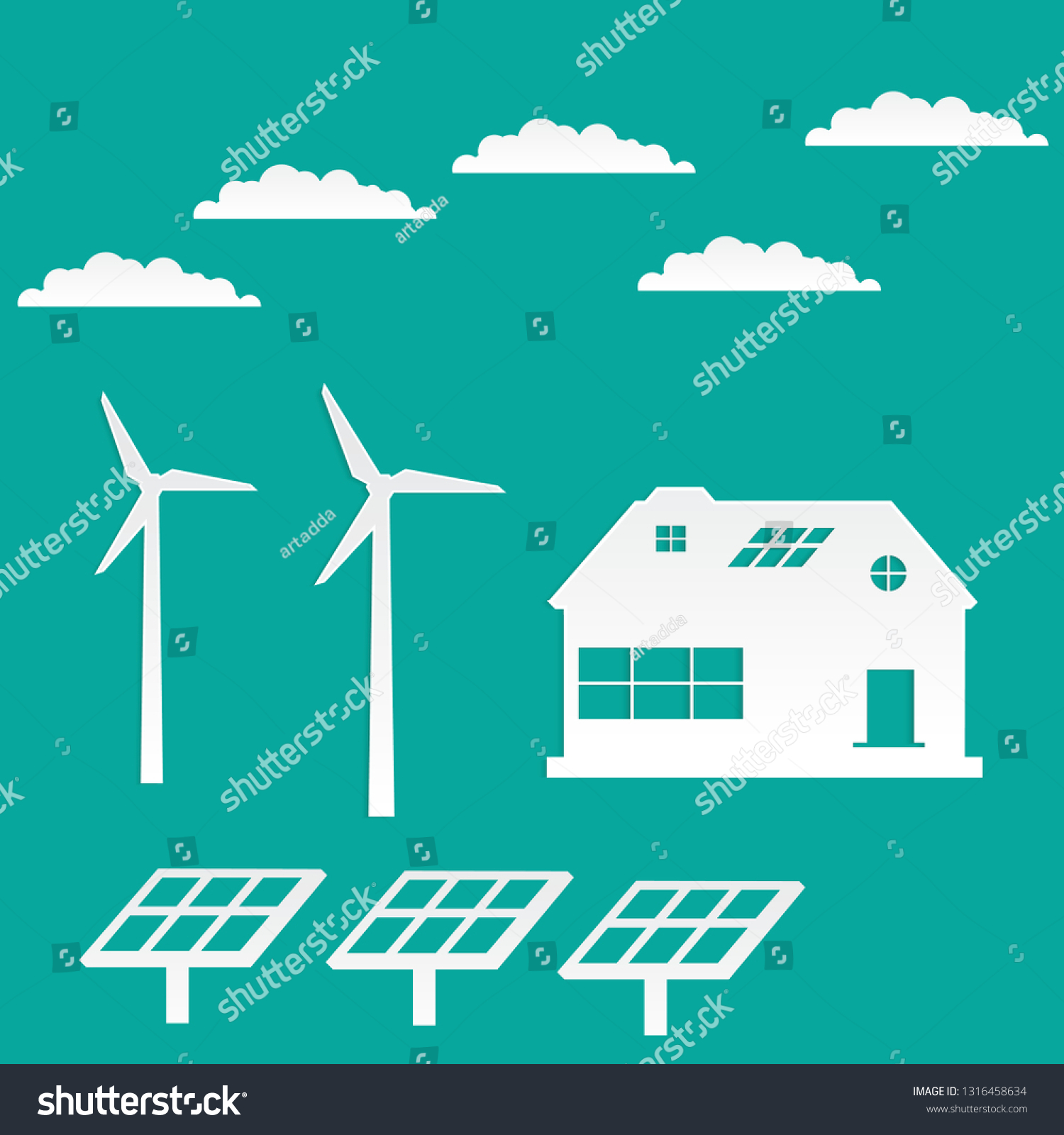 Windmills Solar Panels Cloudenergy Saving Paper Stock Vector (Royalty ...