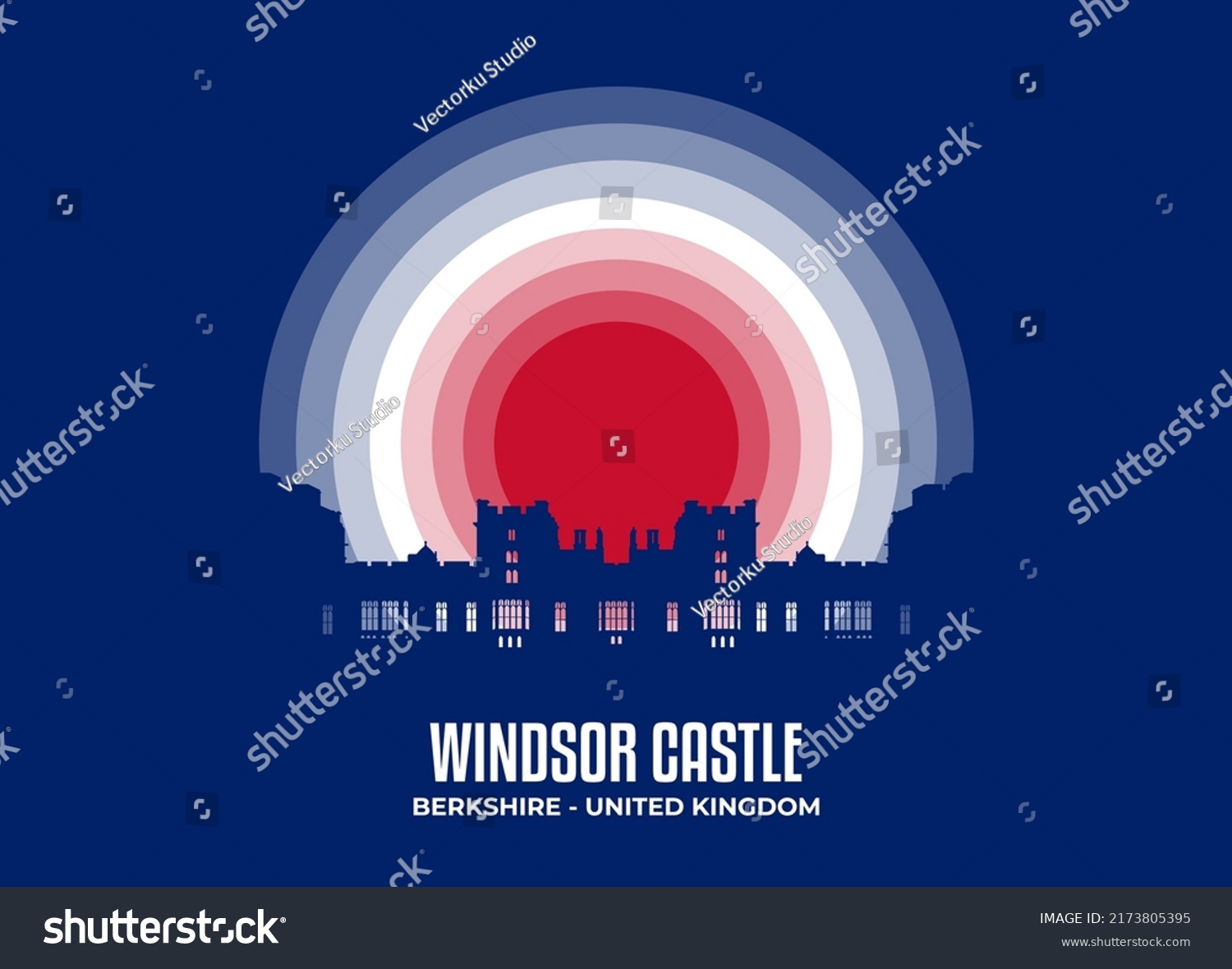 SVG of Windsor Castle illustration. Famous statue and building in moonlight illustration. Color tone based on official country flag. Vector eps 10. svg