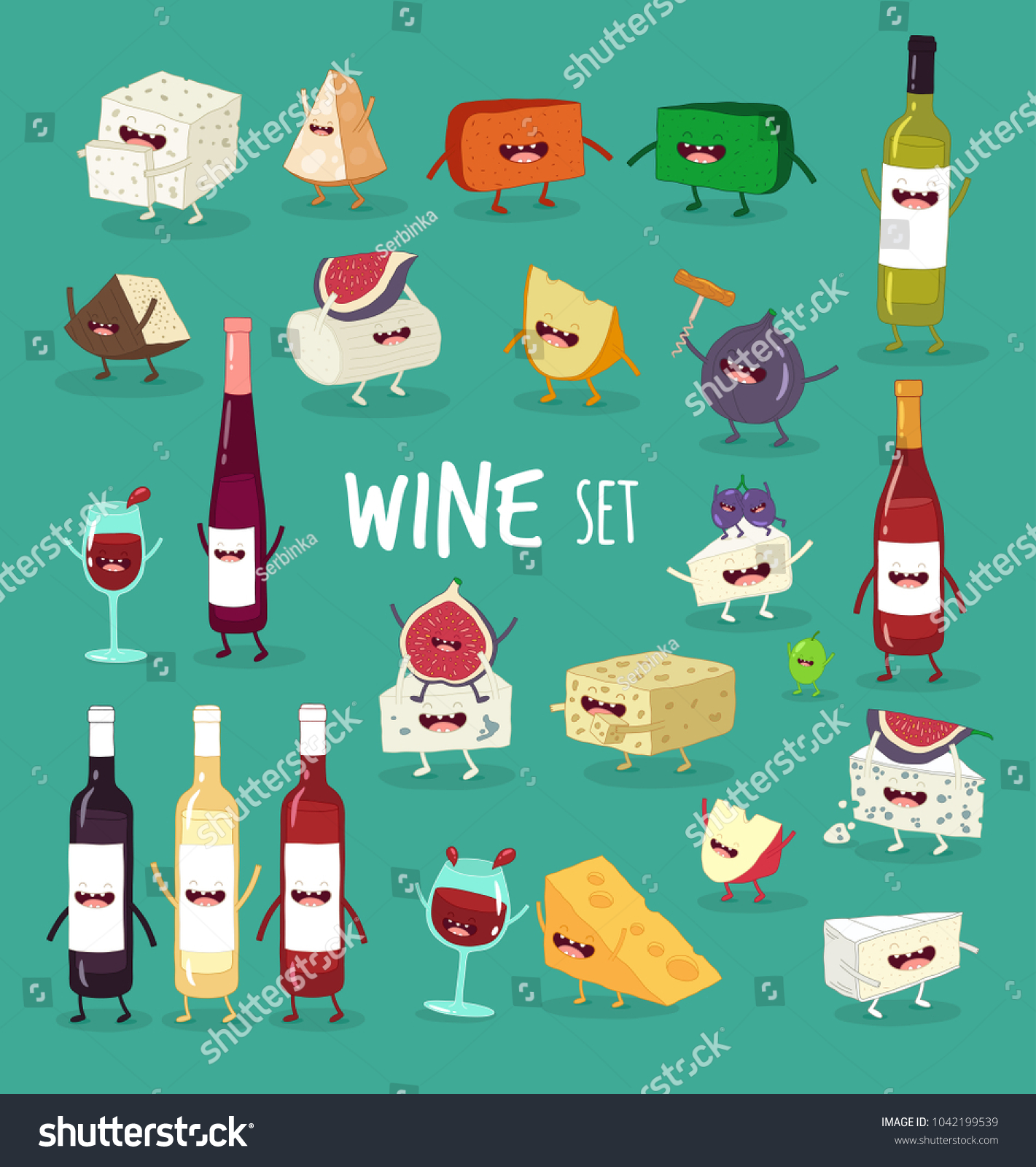 SVG of Wine bottle, glass wine, funny cheese, camembert, brie, blue, red wine, white wine, figs, grapes, corkscrew. Vector illustration. Alcohol bottles and cheese cartoon characters. Use for the menu. svg