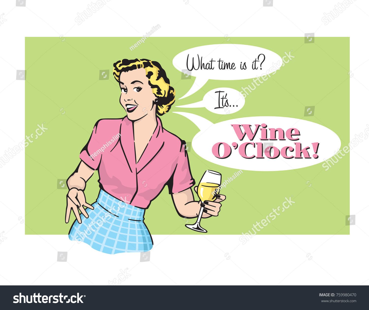 SVG of Wine O’Clock Retro Housewife Vector Graphic.
Vector illustration of sassy retro woman announcing that it is wine oclock. Vintage 1950s style graphics. svg