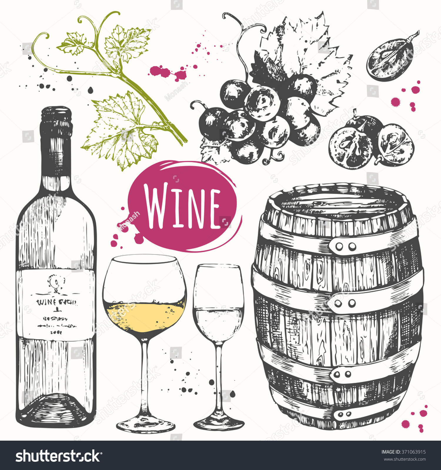 Wine Set. Winemaking Products In Sketch Style. Vector Illustration With ...