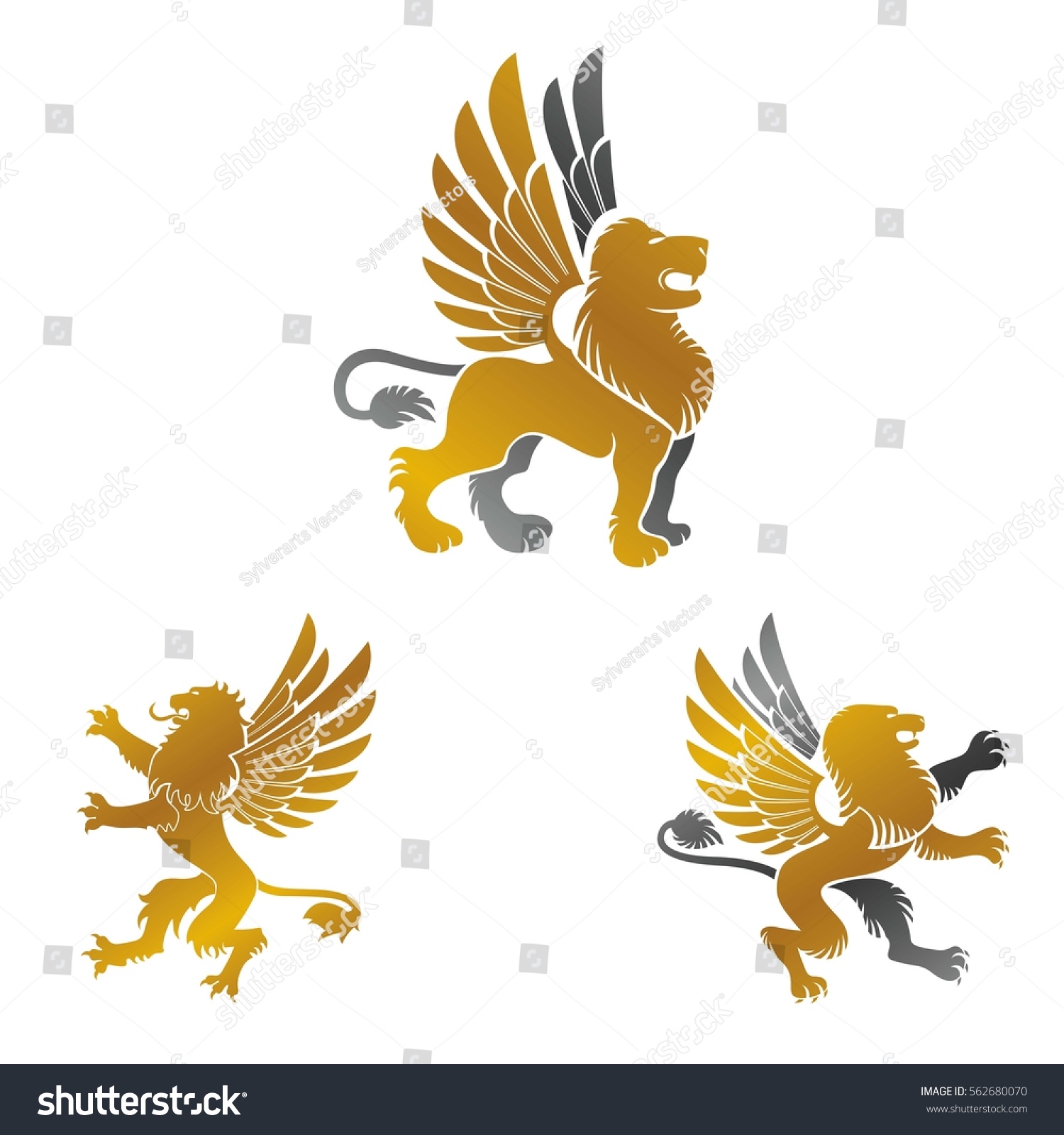 Winged Lion Ancient Emblems Elements Set Stock Vector (Royalty Free ...