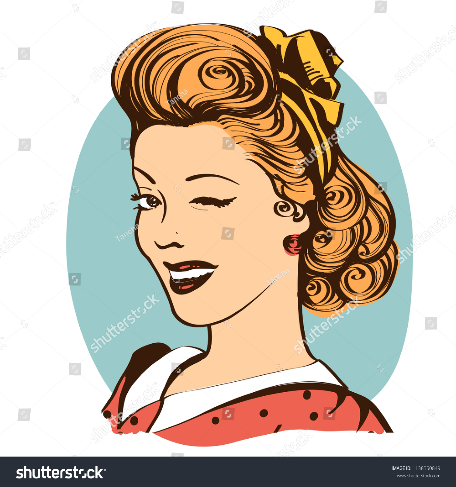 SVG of Winking young woman in retro clothes.Vector vintage portrait isolated on white svg