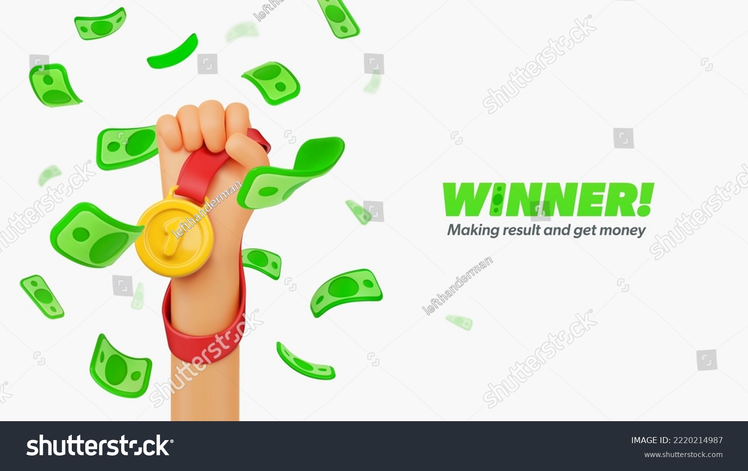 SVG of Winning money in sport competition or jackpot. Lottery winner vector illustration. Falling money bills and hand holding golden medal on white background. svg