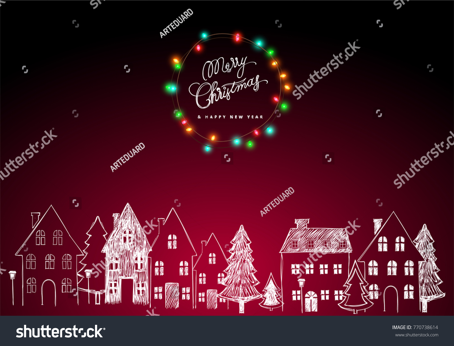 Winter background with a village in a snowy landscape Christmas vector hand drawn background