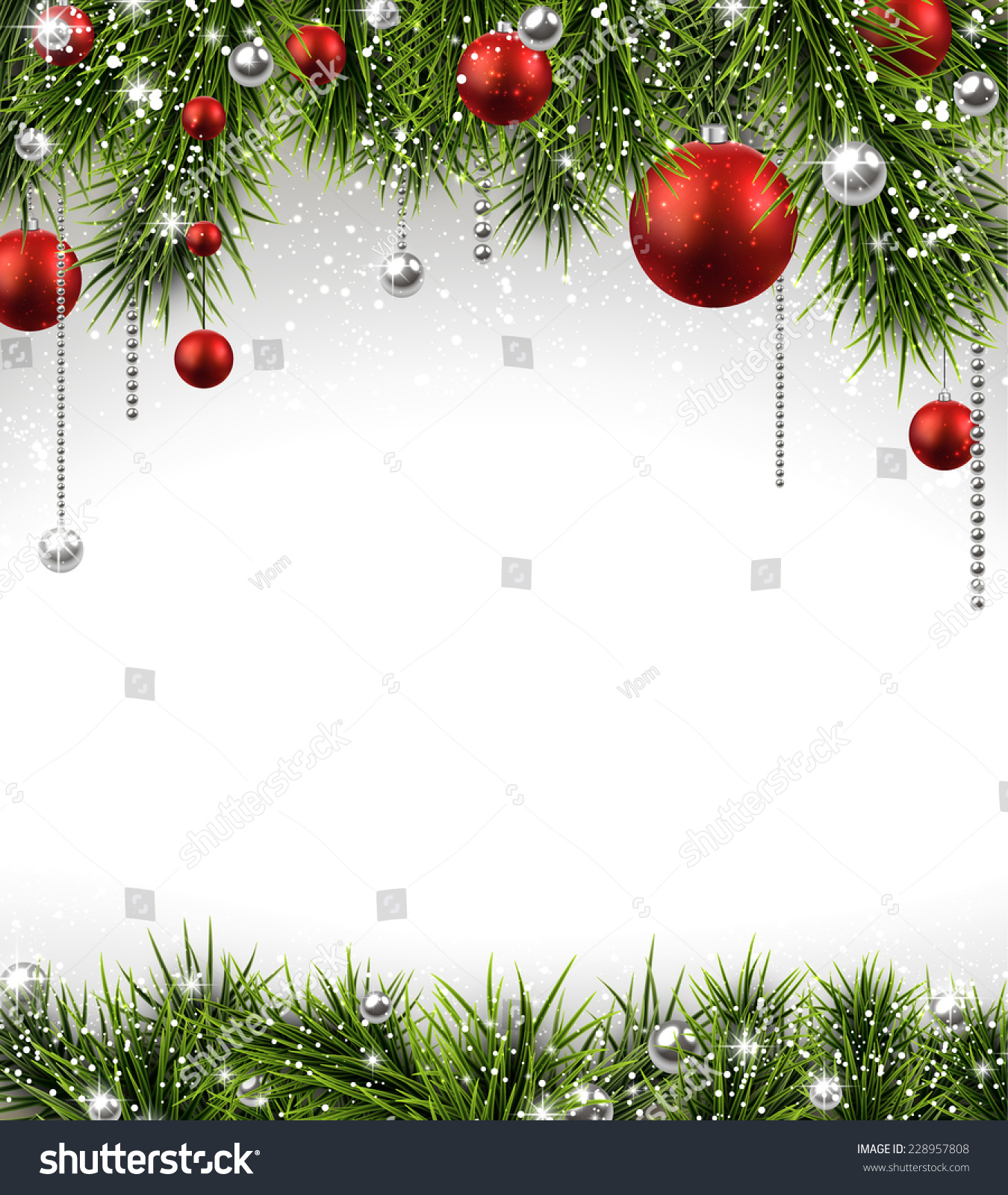 Winter Background Spruce Twigs Red Baubles Stock Vector (Royalty Free