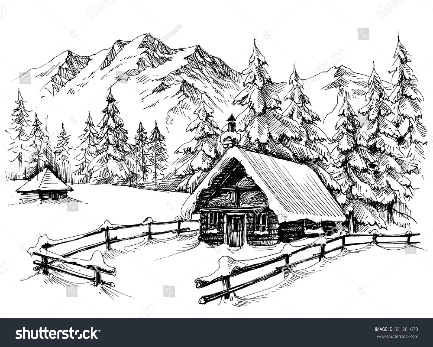 Winter Cabin Mountains Stock Vector 551281678 - Shutterstock