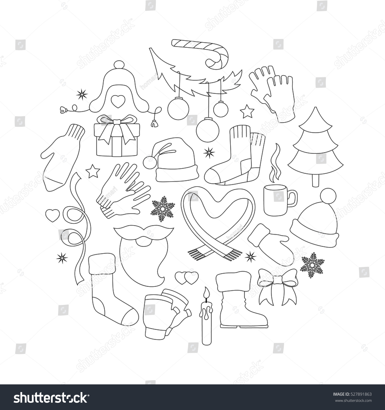 Winter Doodle Round Shape Different Elements Stock Vector Royalty