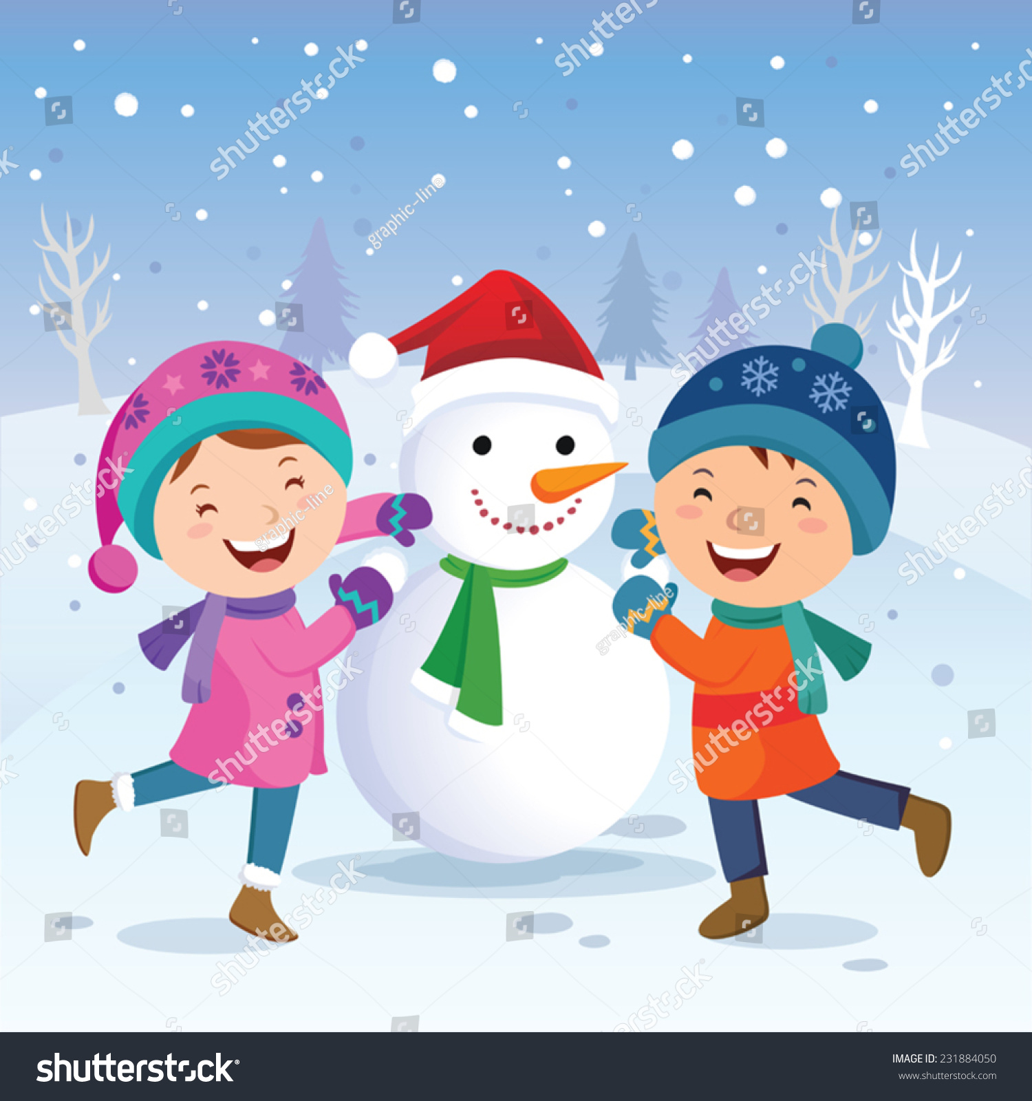 Winter Fun. Children Building Snowman. Winter Holidays! Stock Vector ...