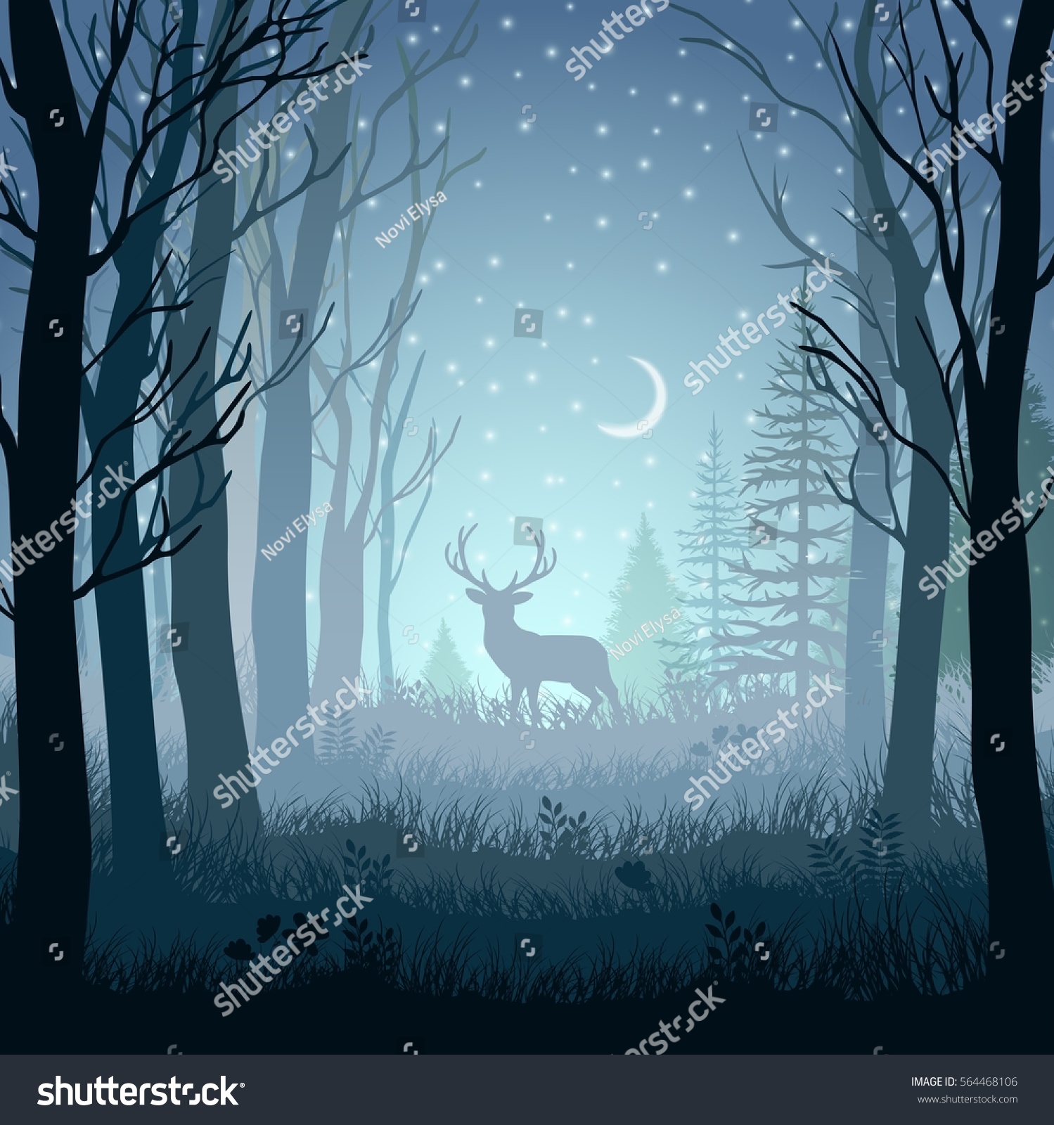 Winter Landscape Deer Forest Night Backgroundvector Stock Vector Royalty Free