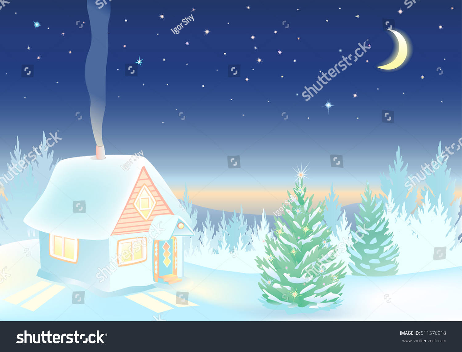 Winter Landscape House Forest Night Sky Stock Vector (royalty Free 