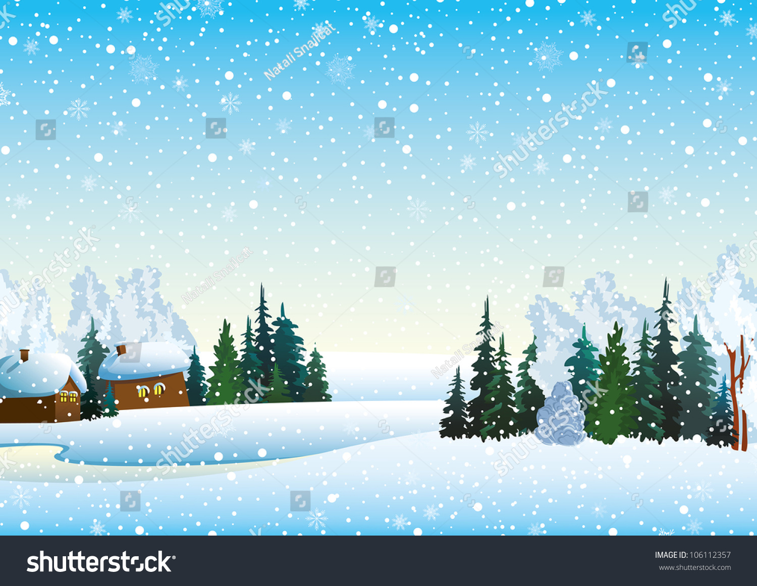 Winter Landscape With Houses, Forest And Frozen Lake Stock Vector ...