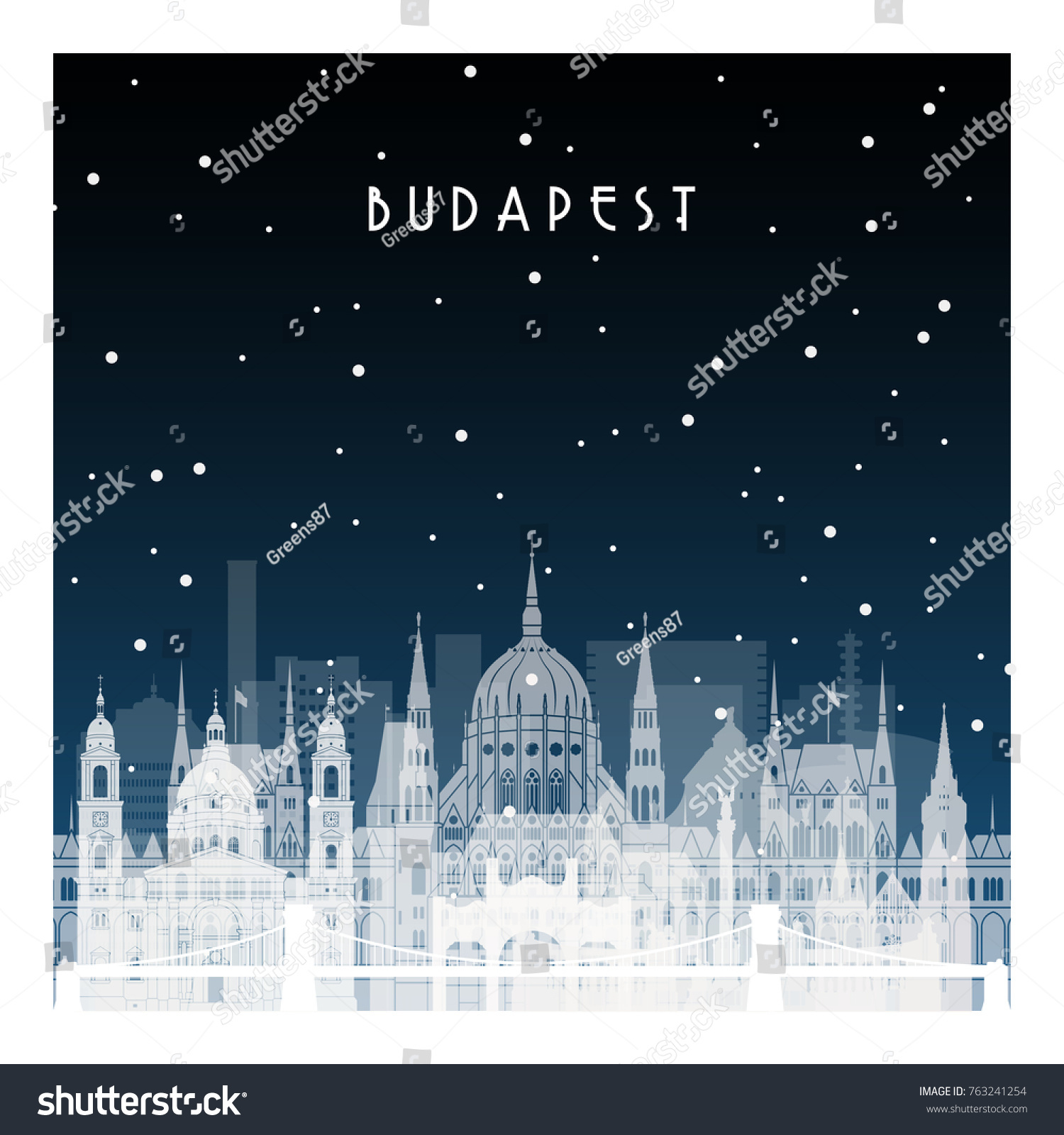 Winter Night Budapest Night City Flat Stock Vector (Royalty Free) 763241254