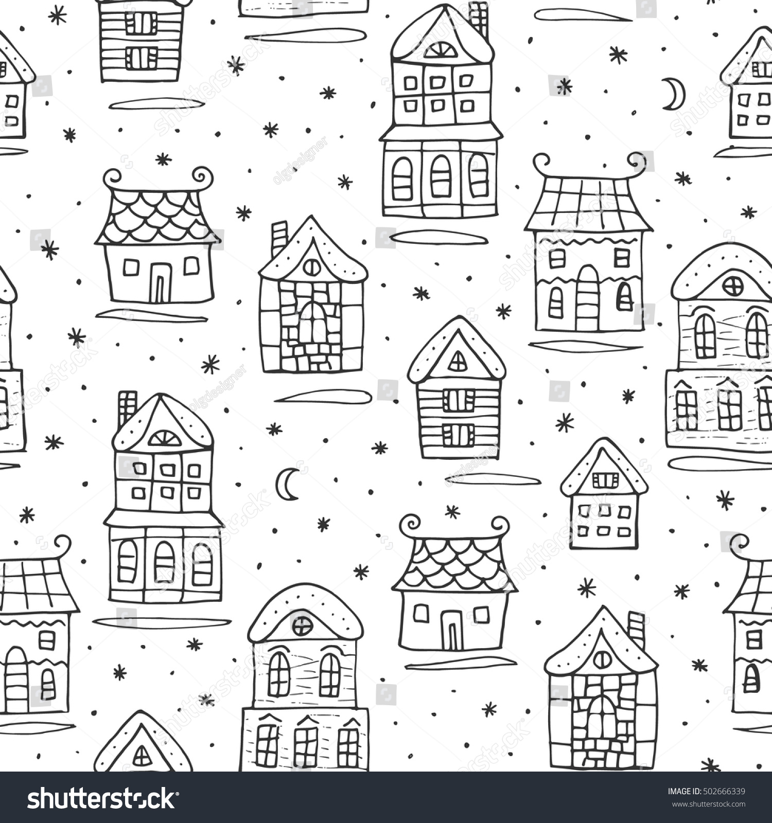 Winter snowy houses seamless pattern Christmas t wrap Black and white background Monochrome