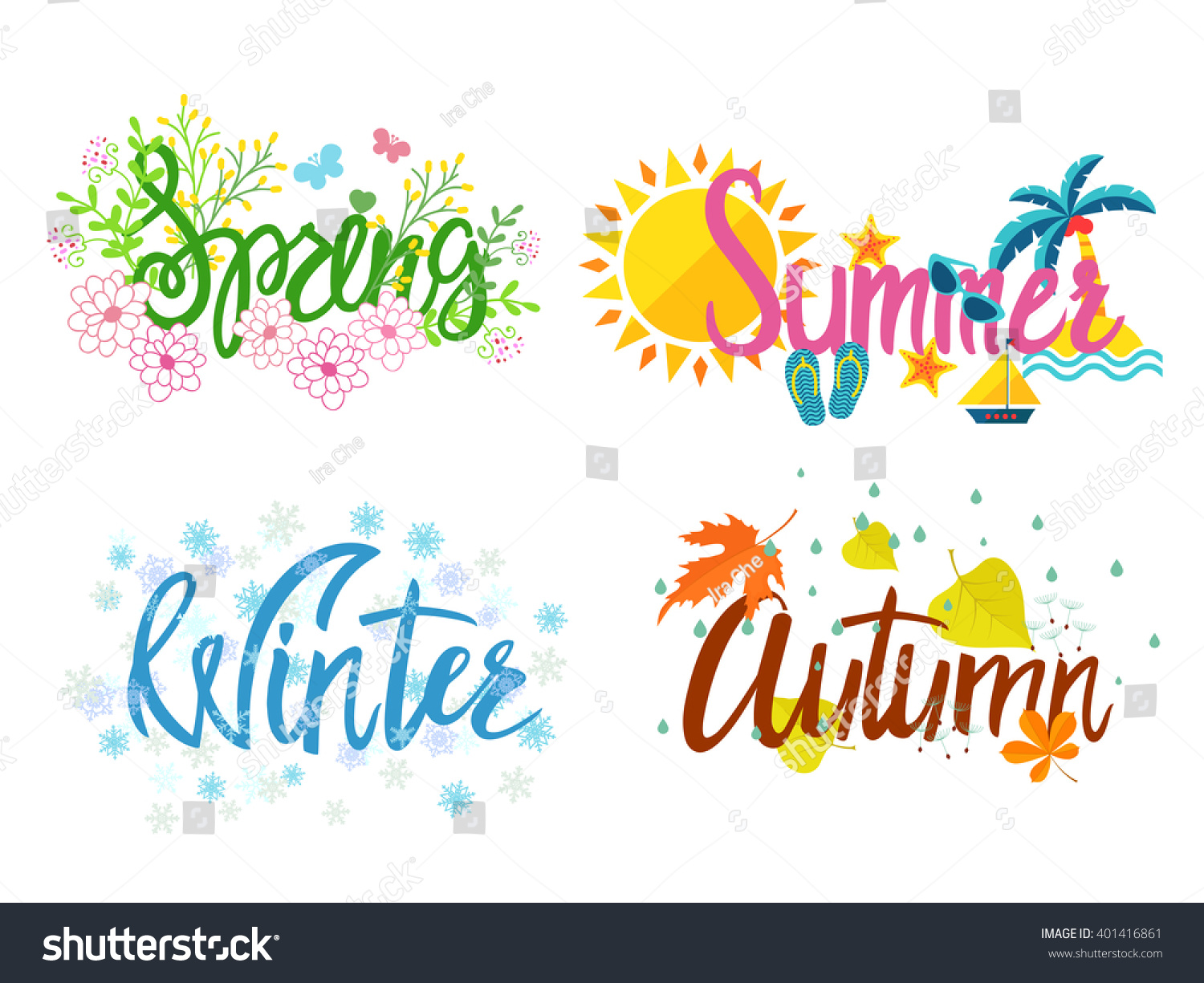 Winter, Spring, Summer, Autumn. Four Seasons Lettering 